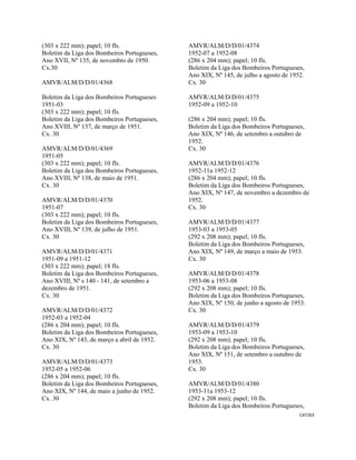 CAT263 
 
(303 x 222 mm); papel; 10 fls.
Boletim da Liga dos Bombeiros Portugueses,
Ano XVII, Nº 135, de novembro de 1950.
Cx.30
AMVR/ALM/D/D/01/4368
Boletim da Liga dos Bombeiros Portugueses
1951-03
(303 x 222 mm); papel; 10 fls.
Boletim da Liga dos Bombeiros Portugueses,
Ano XVIII, Nº 137, de março de 1951.
Cx. 30
AMVR/ALM/D/D/01/4369
1951-05
(303 x 222 mm); papel; 10 fls.
Boletim da Liga dos Bombeiros Portugueses,
Ano XVIII, Nº 138, de maio de 1951.
Cx. 30
AMVR/ALM/D/D/01/4370
1951-07
(303 x 222 mm); papel; 10 fls.
Boletim da Liga dos Bombeiros Portugueses,
Ano XVIII, Nº 139, de julho de 1951.
Cx. 30
AMVR/ALM/D/D/01/4371
1951-09 a 1951-12
(303 x 222 mm); papel; 18 fls.
Boletim da Liga dos Bombeiros Portugueses,
Ano XVIII, Nº s 140 - 141, de setembro a
dezembro de 1951.
Cx. 30
AMVR/ALM/D/D/01/4372
1952-03 a 1952-04
(286 x 204 mm); papel; 10 fls.
Boletim da Liga dos Bombeiros Portugueses,
Ano XIX, Nº 143, de março a abril de 1952.
Cx. 30
AMVR/ALM/D/D/01/4373
1952-05 a 1952-06
(286 x 204 mm); papel; 10 fls.
Boletim da Liga dos Bombeiros Portugueses,
Ano XIX, Nº 144, de maio a junho de 1952.
Cx. 30
AMVR/ALM/D/D/01/4374
1952-07 a 1952-08
(286 x 204 mm); papel; 10 fls.
Boletim da Liga dos Bombeiros Portugueses,
Ano XIX, Nº 145, de julho a agosto de 1952.
Cx. 30
AMVR/ALM/D/D/01/4375
1952-09 a 1952-10
(286 x 204 mm); papel; 10 fls.
Boletim da Liga dos Bombeiros Portugueses,
Ano XIX, Nº 146, de setembro a outubro de
1952.
Cx. 30
AMVR/ALM/D/D/01/4376
1952-11a 1952-12
(286 x 204 mm); papel; 10 fls.
Boletim da Liga dos Bombeiros Portugueses,
Ano XIX, Nº 147, de novembro a dezembro de
1952.
Cx. 30
AMVR/ALM/D/D/01/4377
1953-03 a 1953-05
(292 x 208 mm); papel; 10 fls.
Boletim da Liga dos Bombeiros Portugueses,
Ano XIX, Nº 149, de março a maio de 1953.
Cx. 30
AMVR/ALM/D/D/01/4378
1953-06 a 1953-08
(292 x 208 mm); papel; 10 fls.
Boletim da Liga dos Bombeiros Portugueses,
Ano XIX, Nº 150, de junho a agosto de 1953.
Cx. 30
AMVR/ALM/D/D/01/4379
1953-09 a 1953-10
(292 x 208 mm); papel; 10 fls.
Boletim da Liga dos Bombeiros Portugueses,
Ano XIX, Nº 151, de setembro a outubro de
1953.
Cx. 30
AMVR/ALM/D/D/01/4380
1953-11a 1953-12
(292 x 208 mm); papel; 10 fls.
Boletim da Liga dos Bombeiros Portugueses,
 