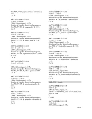 CAT264 
 
Ano XIX, Nº 152, de novembro a dezembro de
1953.
Cx. 30
AMVR/ALM/D/D/01/4381
1954-03 a 1954-04
(318 x 226 mm); papel; 10 fls.
Boletim da Liga dos Bombeiros Portugueses,
Ano XX, Nº 154, de março a abril de 1954.
Cx. 30
AMVR/ALM/D/D/01/4382
1954-05 a 1954-06
(318 x 226 mm); papel; 10 fls.
Boletim da Liga dos Bombeiros Portugueses,
Ano XX, Nº 155, de maio a junho de 1954.
Cx. 30
AMVR/ALM/D/D/01/4383
1954-05 a 1954-06
(318 x 226 mm); papel; 10 fls.
Boletim da Liga dos Bombeiros Portugueses,
Ano XX, Nº 155, Suplemento de maio a junho
de 1954.
Cx. 30
AMVR/ALM/D/D/01/4384
1954-07 a 1954-08
(318 x 226 mm); papel; 10 fls.
Boletim da Liga dos Bombeiros Portugueses,
Ano XX, Nº 156, de julho a agosto de 1954.
Cx. 30
AMVR/ALM/D/D/01/4385
1954-109 a 1954-10
(318 x 226 mm); papel; 10 fls.
Boletim da Liga dos Bombeiros Portugueses,
Ano XX, Nº 157, de setembro a outubro de
1954.
Cx. 30
AMVR/ALM/D/D/01/4386
1954-11 a 1954-12
(318 x 226 mm); papel; 14 fls.
Boletim da Liga dos Bombeiros Portugueses,
Ano XX, Nº 158, de novembro a dezembro de
1954.
Cx. 30
AMVR/ALM/D/D/01/4387
1955-03 a 1955-04
(320 x 230 mm); papel; 10 fls.
Boletim da Liga dos Bombeiros Portugueses,
Ano XXI, Nº 160, de março a abril de 1955.
Cx. 30
AMVR/ALM/D/D/01/4388
1955-05 a 1955-06
(320 x 230 mm); papel; 10 fls.
Boletim da Liga dos Bombeiros Portugueses,
Ano XXI, Nº 161, de maio a junho de 1955.
Cx. 30
AMVR/ALM/D/D/01/4389
1955-07 a 1955-08
(320 x 230 mm); papel; 10 fls.
Boletim da Liga dos Bombeiros Portugueses,
Ano XXI, Nº 162, de julho a agosto de 1955.
Cx. 30
AMVR/ALM/D/D/01/4390
1955-09 a 1955-10
(320 x 230 mm); papel; 10 fls.
Boletim da Liga dos Bombeiros Portugueses,
Ano XXI, Nº 163, de setembro a outubro de
1955.
Cx. 30
AMVR/ALM/D/D/01/4391
1955-11 a 1955-12
(320x 230 mm); papel; 10 fls.
Boletim da Liga dos Bombeiros Portugueses,
Ano XXI, Nº 164, de novembro a dezembro de
1955.
Cx. 30
SR/D/D/02 – Jornais
AMVR/ALM/D/D/02/0117
1954-07-22
(387x 269 mm); papel; 2 fls.
Jornal "O Vilarealense", Ano 75º, nº 21 de 22 de
julho de 1954.
PT
Cx. 001
AMVR/ALM/D/D/02/0152
1951-03-26
(399 x 284 mm); papel; 4 fls.
 