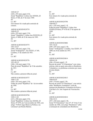 CAT268 
 
1949-05-27
(420 x 293 mm); papel; 6 fls.
Jornal "República", Lisboa Ano XXXIX, (II
Série), nº 666, de 27 de maio 1949.
PT
Cx. 007
Este número foi visado pela comissão de
censura.
AMVR/ALM/D/D/02/0774
1949-03-22
(420 x 293 mm); papel; 2 fls.
Jornal " República", Lisboa Ano XXXVIII, (II
Série), nº 6600, de 22 de março de 1949.
PT
Cx. 007
AMVR/ALM/D/D/02/0775
1951-10-27
(508 x 350 mm); papel; 2 fls.
Jornal "O Despertar", Ano XXXV, nº 349,
Coimbra, 27 de outubro de 1951.
PT
Cx. 007
AMVR/ALM/D/D/02/0776
1951-09-19
(508 x 350 mm); papel; 2 fls.
Parte do jornal "República" de 19 de setembro
de 1951.
PT
Cx. 007
Não contém a primeira folha do jornal.
AMVR/ALM/D/D/02/0777
1949-11-01
(420 x 293 mm); papel; 3 fls.
Folhas do jornal "República" de 1 de novembro
de 1949.
PT
Cx. 007
Não contém a primeira folha do jornal.
AMVR/ALM/D/D/02/0794
1949-11-03
(415 x 290 mm); papel; 4 fls.
Jornal "República", Lisboa Ano XXXIX, (II
Série), Nº 6793, de 3 de novembro de 1949, com
artigo: "O Prof. Egas Moniz na Política e na
Literatura" por Rocha Martins.
PT
Cx. 007
Este número foi visado pela comissão de
censura.
AMVR/ALM/D/D/02/0798
1949-08-27
(421 x 292 mm); papel; 1 fl.
Folha do jornal "Republica", Lisboa Ano
XXXIX (II Série), Nº 6726 de 27 de agosto de
1949.
PT
Cx. 007
Este número foi visado pela comissão de
censura.
AMVR/ALM/D/D/02/0806
1951-10-24
(209 x 297 mm); papel; 2 fls.
Jornal " O Despertar", Coimbra, Ano XXXV, Nº
3490, de 24 de outubro de 1951.
PT
Cx. 007
AMVR/ALM/D/D/02/0814
1899-01-26
(386 x 58 mm); papel; 1 fl.
Recorte de jornal " O Vilarealense" com várias
notícias, entre as quais uma sobre os Bombeiros
Voluntários e os problemas existentes por causa
de uma eleição.
PT
Cx. 007
AMVR/ALM/D/D/02/0815
1904-05-05
(345 x 79 mm); papel; 2 fls.
Recorte de jornal "O Vilarealense", com notícia
sobre "Bombeiros Voluntários" visita do
instrutor dos Bombeiros Voluntários do Porto a
Vila Real o Sr. José Augusto de Vasconcelos.
PT
Cx. 007
AMVR/ALM/D/D/02/0818
1946-10-31
(387 x 268 mm); papel; 2 fls.
Jornal "O Vilarealense" Ano 67º, Nº 34 de 31 de
outubro de 1946, com artigo "Bombeiros" sobre
a nomeação do comandante dos Bombeiros
 