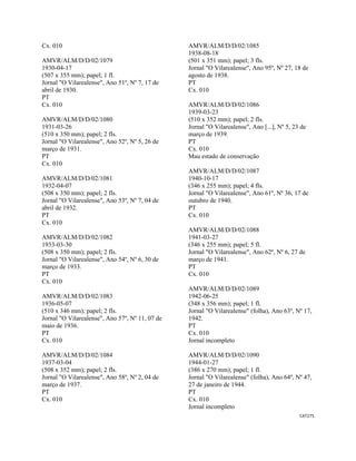 CAT275 
 
Cx. 010
AMVR/ALM/D/D/02/1079
1930-04-17
(507 x 355 mm); papel; 1 fl.
Jornal "O Vilarealense", Ano 51º, Nº 7, 17 de
abril de 1930.
PT
Cx. 010
AMVR/ALM/D/D/02/1080
1931-03-26
(510 x 350 mm); papel; 2 fls.
Jornal "O Vilarealense", Ano 52º, Nº 5, 26 de
março de 1931.
PT
Cx. 010
AMVR/ALM/D/D/02/1081
1932-04-07
(508 x 350 mm); papel; 2 fls.
Jornal "O Vilarealense", Ano 53º, Nº 7, 04 de
abril de 1932.
PT
Cx. 010
AMVR/ALM/D/D/02/1082
1933-03-30
(508 x 350 mm); papel; 2 fls.
Jornal "O Vilarealense", Ano 54º, Nº 6, 30 de
março de 1933.
PT
Cx. 010
AMVR/ALM/D/D/02/1083
1936-05-07
(510 x 346 mm); papel; 2 fls.
Jornal "O Vilarealense", Ano 57º, Nº 11, 07 de
maio de 1936.
PT
Cx. 010
AMVR/ALM/D/D/02/1084
1937-03-04
(508 x 352 mm); papel; 2 fls.
Jornal "O Vilarealense", Ano 58º, Nº 2, 04 de
março de 1937.
PT
Cx. 010
AMVR/ALM/D/D/02/1085
1938-08-18
(501 x 351 mm); papel; 3 fls.
Jornal "O Vilarealense", Ano 95º, Nº 27, 18 de
agosto de 1938.
PT
Cx. 010
AMVR/ALM/D/D/02/1086
1939-03-23
(510 x 352 mm); papel; 2 fls.
Jornal "O Vilarealense", Ano [...], Nº 5, 23 de
março de 1939.
PT
Cx. 010
Mau estado de conservação
AMVR/ALM/D/D/02/1087
1940-10-17
(346 x 255 mm); papel; 4 fls.
Jornal "O Vilarealense", Ano 61º, Nº 36, 17 de
outubro de 1940.
PT
Cx. 010
AMVR/ALM/D/D/02/1088
1941-03-27
(346 x 255 mm); papel; 5 fl.
Jornal "O Vilarealense", Ano 62º, Nº 6, 27 de
março de 1941.
PT
Cx. 010
AMVR/ALM/D/D/02/1089
1942-06-25
(348 x 356 mm); papel; 1 fl.
Jornal "O Vilarealense" (folha), Ano 63º, Nº 17,
1942.
PT
Cx. 010
Jornal incompleto
AMVR/ALM/D/D/02/1090
1944-01-27
(386 x 270 mm); papel; 1 fl.
Jornal "O Vilarealense" (folha), Ano 64º, Nº 47,
27 de janeiro de 1944.
PT
Cx. 010
Jornal incompleto
 