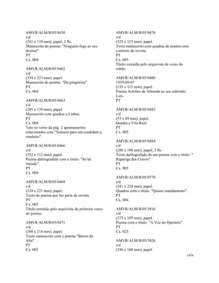 CAT8 
 
AMVR/ALM/B/05/0450
s/d
(281 x 110 mm); papel; 2 fls.
Manuscrito do poema: "Ninguém foge ao seu
destino".
PT
Cx. 004
AMVR/ALM/B/05/0462
s/d
(334 x 223 mm); papel.
Manuscrito do poema: "Da pitagórica".
PT
Cx. 004
AMVR/ALM/B/05/0463
s/d
(205 x 139 mm); papel.
Manuscrito com quadras a Lisboa.
PT
Cx. 004
Tem no verso da pág. 2 apontamentos
relacionados com "Número para um candidato a
sinaleiro".
AMVR/ALM/B/05/0466
s/d
(252 x 112 mm); papel.
Poema datilografado com o título: "Só há
metade".
PT
Cx. 004
AMVR/ALM/B/05/0468
s/d
(334 x 221 mm); papel.
Texto do poema que faz parte de revista.
PT
Cx. 005
Título extraído pelo arquivista do primeiro verso
do poema.
AMVR/ALM/B/05/0471
s/d
(268 x 214 mm); papel.
Texto manuscrito com o poema "Bairro da
Alta".
PT
Cx. 005
AMVR/ALM/B/05/0478
s/d
(325 x 115 mm); papel.
Texto manuscrito com quadras de poema com
contexto de revista.
PT
Cx. 005
Título extraído pelo arquivista de verso do
refrão.
AMVR/ALM/B/05/0480
1959-09-07
(139 x 112 mm); papel.
Poema Achilles de Almeida ao seu sobrinho
Luís.
PT
AMVR/ALM/B/05/0483
s/d
(53 x 89 mm); papel.
Quadra a Vila Real.
PT
Cx. 005
AMVR/ALM/B/05/0484
s/d
(280 x 108 mm); papel; 3 fls.
Texto datilografado de um poema com o título: "
Rapariga dos Cravos".
PT
Cx. 005
AMVR/ALM/B/05/0770
s/d
(341 x 224 mm); papel.
Quadras com o título: "Quinto mandamento".
PT
Cx. 006
AMVR/ALM/B/05/3816
s/d
(275 x 109 mm); papel.
Poema com o título: "A Voz do Operário".
PT
Cx. 025
AMVR/ALM/B/05/3826
s/d
(246 x 160 mm); papel.
 