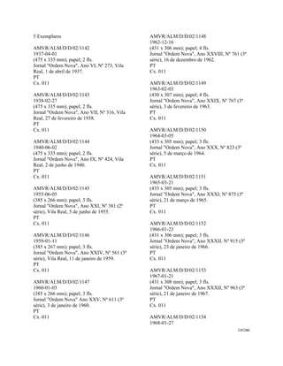 CAT280 
 
5 Exemplares
AMVR/ALM/D/D/02/1142
1937-04-01
(475 x 335 mm); papel; 2 fls.
Jornal "Ordem Nova", Ano VI, Nº 273, Vila
Real, 1 de abril de 1937.
PT
Cx. 011
AMVR/ALM/D/D/02/1143
1938-02-27
(475 x 335 mm); papel; 2 fls.
Jornal "Ordem Nova", Ano VII, Nº 316, Vila
Real, 27 de fevereiro de 1938.
PT
Cx. 011
AMVR/ALM/D/D/02/1144
1940-06-02
(475 x 335 mm); papel; 2 fls.
Jornal "Ordem Nova", Ano IX, Nº 424, Vila
Real, 2 de junho de 1940.
PT
Cx. 011
AMVR/ALM/D/D/02/1145
1955-06-05
(385 x 266 mm); papel; 3 fls.
Jornal "Ordem Nova", Ano XXI, Nº 381 (2ª
série), Vila Real, 5 de junho de 1955.
PT
Cx. 011
AMVR/ALM/D/D/02/1146
1959-01-11
(385 x 267 mm); papel; 3 fls.
Jornal "Ordem Nova", Ano XXIV, Nº 561 (3ª
série), Vila Real, 11 de janeiro de 1959.
PT
Cx. 011
AMVR/ALM/D/D/02/1147
1960-01-03
(385 x 266 mm); papel; 3 fls.
Jornal "Ordem Nova" Ano XXV, Nº 611 (3ª
série), 3 de janeiro de 1960.
PT
Cx. 011
AMVR/ALM/D/D/02/1148
1962-12-16
(431 x 306 mm); papel; 4 fls.
Jornal "Ordem Nova", Ano XXVIII, Nº 761 (3ª
série), 16 de dezembro de 1962.
PT
Cx. 011
AMVR/ALM/D/D/02/1149
1963-02-03
(430 x 307 mm); papel; 4 fls.
Jornal "Ordem Nova", Ano XXIX, Nº 767 (3ª
série), 3 de fevereiro de 1963.
PT
Cx. 011
AMVR/ALM/D/D/02/1150
1964-03-05
(433 x 305 mm); papel; 3 fls.
Jornal "Ordem Nova", Ano XXX, Nº 823 (3ª
série), 5 de março de 1964.
PT
Cx. 011
AMVR/ALM/D/D/02/1151
1965-03-21
(433 x 305 mm); papel; 3 fls.
Jornal "Ordem Nova", Ano XXXI, Nº 875 (3ª
série), 21 de março de 1965.
PT
Cx. 011
AMVR/ALM/D/D/02/1152
1966-01-23
(431 x 306 mm); papel; 3 fls.
Jornal "Ordem Nova", Ano XXXII, Nº 915 (3ª
série), 23 de janeiro de 1966.
PT
Cx. 011
AMVR/ALM/D/D/02/1153
1967-01-21
(431 x 308 mm); papel; 3 fls.
Jornal "Ordem Nova", Ano XXXII, Nº 963 (3ª
série), 21 de janeiro de 1967.
PT
Cx. 011
AMVR/ALM/D/D/02/1154
1968-01-27
 