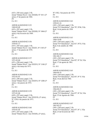 CAT281 
 
(433 x 305 mm); papel; 2 fls.
Jornal "Ordem Nova", Ano XXXIII, Nº 1011 (3ª
série), 27 de janeiro de 1968.
PT
Cx. 011
AMVR/ALM/D/D/02/1155
1969-02-08
(433 x 307 mm); papel; 3 fls.
Jornal "Ordem Nova", Ano XXXIII, Nº 1064 (3ª
série), 8 de fevereiro de 1969.
PT
Cx. 011
AMVR/ALM/D/D/02/1156
1970-01-17
(433 x 307 mm); papel; 3 fls.
Jornal "Ordem Nova", Ano XXXV, Nº 1105 (3ª
série), 17 de janeiro de 1970.
PT
Cx. 011
AMVR/ALM/D/D/02/1157
1971-03-06
(431 x 298 mm); papel; 3 fls.
Jornal "Ordem Nova", Ano XXXVI, Nº 1160 (3ª
série), 6 de março de 1971.
PT
Cx. 011
AMVR/ALM/D/D/02/1158
1972-01-01
(432 x 296 mm); papel; 2 fls.
Jornal "Ordem Nova", Ano XXXVI, Nº 1200 (3ª
série), 1 de janeiro de 1972.
PT
Cx. 011
AMVR/ALM/D/D/02/1159
1973-01-06
(429 x 297 mm); papel; 2 fls.
Jornal "Ordem Nova", Ano XXXVII, (3ª série),
Nº 1250, 6 de janeiro de 1973.
PT
Cx. 011
AMVR/ALM/D/D/02/1160
1974-01-05
(397 x 267 mm); papel; 2 fls.
Jornal "Ordem Nova", Ano XXXIX, (3ª série),
Nº 1302, 5 de janeiro de 1974.
PT
Cx. 011
AMVR/ALM/D/D/02/1162
1958-01-16
(385 x 269 mm); papel; 2 fls.
Jornal "O Vilarealense", Ano 78º, Nº46, Vila
Real, 16 de janeiro de 1958.
PT
Cx. 011
AMVR/ALM/D/D/02/1163
1960-10-06
(385 x 269 mm); papel; 2 fls.
Jornal "O Vilarealense", Ano 81º, Nº33, Vila
Real, 6 de outubro de 1960.
PT
Cx. 011
AMVR/ALM/D/D/02/1164
1961-08-17
(385 x 269 mm); papel; 2 fls.
Jornal "O Vilarealense", Ano 82º, Nº 26, Vila
Real, 17 de agosto de 1961.
PT
Cx. 011
AMVR/ALM/D/D/02/1165
1964-04-16
(385 x 269 mm); papel; 2 fls.
Jornal "O Vilarealense", Ano 85º, Nº 9, Vila
Real, 16 de abril de 1964.
PT
Cx. 011
AMVR/ALM/D/D/02/1166
1966-08-25
(385 x 269 mm); papel; 2 fls.
Jornal "O Vilarealense", Ano 87º, Nº 26, Vila
Real, 25 de Agostos de 1966.
PT
Cx. 011
AMVR/ALM/D/D/02/1167
1967-02-23
(385 x 269 mm); papel; 2 fls.
Jornal "O Vilarealense", Ano 87º, Nº 1, Vila
Real, 23 de fevereiro de 1967.
PT
 