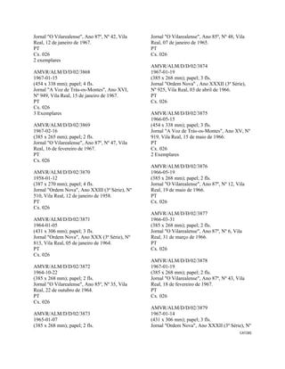 CAT285 
 
Jornal "O Vilarealense", Ano 87º, Nº 42, Vila
Real, 12 de janeiro de 1967.
PT
Cx. 026
2 exemplares
AMVR/ALM/D/D/02/3868
1967-01-15
(454 x 338 mm); papel; 4 fls.
Jornal "A Voz de Trás-os-Montes", Ano XVI,
Nº 949, Vila Real, 15 de janeiro de 1967.
PT
Cx. 026
3 Exemplares
AMVR/ALM/D/D/02/3869
1967-02-16
(385 x 265 mm); papel; 2 fls.
Jornal "O Vilarealense", Ano 87º, Nº 47, Vila
Real, 16 de fevereiro de 1967.
PT
Cx. 026
AMVR/ALM/D/D/02/3870
1958-01-12
(387 x 270 mm); papel; 4 fls.
Jornal "Ordem Nova", Ano XXIII (3ª Série), Nº
510, Vila Real, 12 de janeiro de 1958.
PT
Cx. 026
AMVR/ALM/D/D/02/3871
1964-01-05
(431 x 306 mm); papel; 3 fls.
Jornal "Ordem Nova", Ano XXX (3ª Série), Nº
813, Vila Real, 05 de janeiro de 1964.
PT
Cx. 026
AMVR/ALM/D/D/02/3872
1964-10-22
(385 x 268 mm); papel; 2 fls.
Jornal "O Vilarealense", Ano 85º, Nº 35, Vila
Real, 22 de outubro de 1964.
PT
Cx. 026
AMVR/ALM/D/D/02/3873
1965-01-07
(385 x 268 mm); papel; 2 fls.
Jornal "O Vilarealense", Ano 85º, Nº 48, Vila
Real, 07 de janeiro de 1965.
PT
Cx. 026
AMVR/ALM/D/D/02/3874
1967-01-19
(385 x 268 mm); papel; 3 fls.
Jornal "Ordem Nova" , Ano XXXII (3ª Série),
Nº 925, Vila Real, 03 de abril de 1966.
PT
Cx. 026
AMVR/ALM/D/D/02/3875
1966-05-15
(454 x 338 mm); papel; 3 fls.
Jornal "A Voz de Trás-os-Montes", Ano XV, Nº
919, Vila Real, 15 de maio de 1966.
PT
Cx. 026
2 Exemplares
AMVR/ALM/D/D/02/3876
1966-05-19
(385 x 268 mm); papel; 2 fls.
Jornal "O Vilarealense", Ano 87º, Nº 12, Vila
Real, 19 de maio de 1966.
PT
Cx. 026
AMVR/ALM/D/D/02/3877
1966-03-31
(385 x 268 mm); papel; 2 fls.
Jornal "O Vilarealense", Ano 87º, Nº 6, Vila
Real, 31 de março de 1966.
PT
Cx. 026
AMVR/ALM/D/D/02/3878
1967-01-19
(385 x 268 mm); papel; 2 fls.
Jornal "O Vilarealense", Ano 87º, Nº 43, Vila
Real, 18 de fevereiro de 1967.
PT
Cx. 026
AMVR/ALM/D/D/02/3879
1967-01-14
(431 x 306 mm); papel; 3 fls.
Jornal "Ordem Nova", Ano XXXII (3ª Série), Nº
 