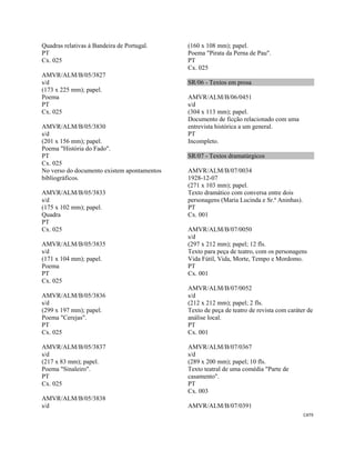 CAT9 
 
Quadras relativas à Bandeira de Portugal.
PT
Cx. 025
AMVR/ALM/B/05/3827
s/d
(173 x 225 mm); papel.
Poema
PT
Cx. 025
AMVR/ALM/B/05/3830
s/d
(201 x 156 mm); papel.
Poema "História do Fado".
PT
Cx. 025
No verso do documento existem apontamentos
bibliográficos.
AMVR/ALM/B/05/3833
s/d
(175 x 102 mm); papel.
Quadra
PT
Cx. 025
AMVR/ALM/B/05/3835
s/d
(171 x 104 mm); papel.
Poema
PT
Cx. 025
AMVR/ALM/B/05/3836
s/d
(299 x 197 mm); papel.
Poema "Cerejas".
PT
Cx. 025
AMVR/ALM/B/05/3837
s/d
(217 x 83 mm); papel.
Poema "Sinaleiro".
PT
Cx. 025
AMVR/ALM/B/05/3838
s/d
(160 x 108 mm); papel.
Poema "Pirata da Perna de Pau".
PT
Cx. 025
SR/06 - Textos em prosa
AMVR/ALM/B/06/0451
s/d
(304 x 113 mm); papel.
Documento de ficção relacionado com uma
entrevista histórica a um general.
PT
Incompleto.
SR/07 - Textos dramatúrgicos
AMVR/ALM/B/07/0034
1928-12-07
(271 x 103 mm); papel.
Texto dramático com conversa entre dois
personagens (Maria Lucinda e Sr.ª Aninhas).
PT
Cx. 001
AMVR/ALM/B/07/0050
s/d
(297 x 212 mm); papel; 12 fls.
Texto para peça de teatro, com os personagens
Vida Fútil, Vida, Morte, Tempo e Mordomo.
PT
Cx. 001
AMVR/ALM/B/07/0052
s/d
(212 x 212 mm); papel; 2 fls.
Texto de peça de teatro de revista com caráter de
análise local.
PT
Cx. 001
AMVR/ALM/B/07/0367
s/d
(289 x 200 mm); papel; 10 fls.
Texto teatral de uma comédia "Parte de
casamento".
PT
Cx. 003
AMVR/ALM/B/07/0391
 