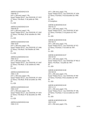 CAT291 
 
AMVR/ALM/D/D/02/4138
1968-06-13
(431 x 306 mm); papel; 3 fls.
Jornal "Ordem Nova", Ano XXXVIII, Nº 1035
(3ª Série), Vila Real, 13 de junho de 1968.
PT
Cx. 028
AMVR/ALM/D/D/02/4139
1968-09-28
(431 x 306 mm); papel; 3 fls.
Jornal "Ordem Nova", Ano XXXVIII, Nº 1045
(3ª Série), Vila Real, 28 de setembro de 1968.
PT
Cx. 028
AMVR/ALM/D/D/02/4140
1968-10-05
(431 x 306 mm); papel; 3 fls.
Jornal "Ordem Nova", Ano XXXVIII, Nº 1046
(3ª Série), Vila Real, 5 de Outubro de 1968.
PT
Cx. 028
AMVR/ALM/D/D/02/4141
1968-10-12
(431 x 306 mm); papel; 3 fls.
Jornal "Ordem Nova", Ano XXXVIII, Nº 1047
(3ª Série), Vila Real, 12 de outubro de 1968.
PT
Cx. 028
AMVR/ALM/D/D/02/4142
1968-11-30
(431 x 306 mm); papel; 4 fls.
Jornal "Ordem Nova", Ano XXXVIII, Nº 1054
(3ª Série), Vila Real, 30 de novembro de 1968.
PT
Cx. 028
AMVR/ALM/D/D/02/4143
1968-12-07
(431 x 306 mm); papel; 3 fls.
Jornal "Ordem Nova", Ano XXXVIII, Nº 1055
(3ª Série), Vila Real, 07 de dezembro de 1968.
PT
Cx. 028
AMVR/ALM/D/D/02/4144
1968-12-14
(431 x 306 mm); papel; 3 fls.
Jornal "Ordem Nova", Ano XXXVIII, Nº 1056
(3º Série), Vila Real, 14 de dezembro de 1968.
PT
Cx. 028
6 Exemplares
AMVR/ALM/D/D/02/4145
1967-01-21
(431 x 306 mm); papel; 3 fls.
Jornal "Ordem Nova", Ano XXXVIII, Nº 963
(3º Série), Vila Real, 21 de janeiro de 1967.
PT
Cx. 028
AMVR/ALM/D/D/02/4146
1967-04-15
(431 x 306 mm); papel; 3 fls.
Jornal "Ordem Nova", Ano XXXVIII, Nº 972
(3ª Série), Vila Real, 15 de abril de 1967.
PT
Cx. 028
AMVR/ALM/D/D/02/4147
1967-07-01
(431 x 306 mm); papel; 3 fls.
Jornal "Ordem Nova", Ano XXXVIII, Nº 982 (3
Série), Vila Real, 1 de julho de 1967.
PT
Cx. 028
AMVR/ALM/D/D/02/4148
1967-09-30
(431 x 306 mm); papel; 2 fls.
Jornal "Ordem Nova", Ano XXXVIII, Nº 995
(3ª Série), Vila Real, 30 de setembro de 1967.
PT
Cx. 028
AMVR/ALM/D/D/02/4149
1967-11-11
(431 x 306 mm); papel; 3 fls.
Jornal "Ordem Nova", Ano XXXVIII, Nº 100,
(3ª Série), Vila Real, 11 de novembro de 1967.
PT
Cx. 028
AMVR/ALM/D/D/02/4150
1967-12-02
(431 x 306 mm); papel; 2 fls.
 