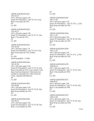 CAT301 
 
AMVR/ALM/D/D/02/4261
1951-03-15
(387 x 269 mm); papel; 2 fls.
Jornal "O Vilarealense", Ano 72º, Nº 4, Vila
Real, 15 de março de 1951.
PT
Cx. 029
AMVR/ALM/D/D/02/4262
1951-05-17
(387 x 269 mm); papel; 2 fls.
Jornal "O Vilarealense", Ano 72º, Nº 13, Vila
Real, 17 de maio de 1951.
PT
Cx. 029
AMVR/ALM/D/D/02/4263
1951-03-20
(387 x 269 mm); papel; 1 fl.
Jornal "O Vilarealense", Ano 72º, Nº 6, Vila
Real, 20 de março de 1951, (Folha).
PT
Cx. 029
Jornal incompleto - 1 Folha
AMVR/ALM/D/D/02/4264
1951-07-26
(387 x 269 mm); papel; 2 fls.
Jornal "O Vilarealense", Ano 72º, Nº 22, Vila
Real, 26 de julho de 1951, com a notícia "Uma
figura local que desparece", falecimento em
Luanda do conterrâneo Sr.º João Correia da
Costa, o popular João Murraco.
PT
Cx. 029
AMVR/ALM/D/D/02/4265
1951-09-06
(387 x 269 mm); papel; 2 fls.
Jornal "O Vilarealense", Ano 72º, Nº 28, Vila
Real, 06 de setembro de 1951.
PT
Cx. 029
AMVR/ALM/D/D/02/4266
1951-09-13
(387 x 269 mm); papel; 2 fls.
Jornal "O Vilarealense", Ano 72º, Nº 29, Vila
Real, 13 de setembro de 1951.
PT
Cx. 029
AMVR/ALM/D/D/02/4267
1951-11-08
(387 x 269 mm); papel; 3 fls.
Jornal "O Vilarealense" , Ano 72º, Nº [...], Vila
Real, 08 de novembro de 1951.
PT
Cx. 029
AMVR/ALM/D/D/02/4268
1951-11-22
(387 x 269 mm); papel; 2 fls.
Jornal "O Vilarealense", Ano 72º, Nº 39, Vila
Real, 22 de novembro de 1951.
PT
Cx. 029
AMVR/ALM/D/D/02/4269
1951-11-29
(387 x 269 mm); papel; 2 fls.
Jornal "O Vilarealense", Ano 72º, Nº [...], Vila
Real, 20 de novembro de 1951.
PT
Cx. 029
AMVR/ALM/D/D/02/4270
1950-09-14
(387 x 269 mm); papel; 2 fls.
Jornal "O Vilarealense", Ano 71º, Nº 22, Vila
Real, 14 de setembro de 1950.
PT
Cx. 029
AMVR/ALM/D/D/02/4271
1950-09-21
(387 x 269 mm); papel; 2 fls.
Jornal "O Vilarealense", Ano 71º, Nº 29, Vila
Real, 21 de setembro de 1950.
PT
Cx. 029
AMVR/ALM/D/D/02/4272
1950-11-09
(387 x 269 mm); papel; 2 fls.
Jornal "O Vilarealense", Ano 71º, Nº 36, Vila
Real, 09 de novembro de 1950.
PT
Cx. 029
 
