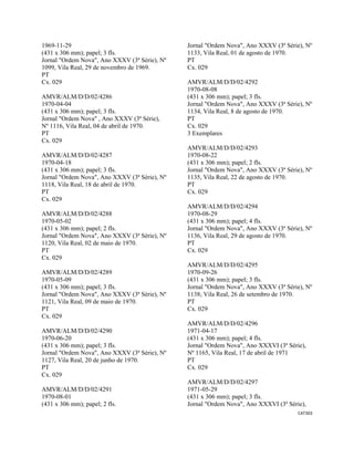 CAT303 
 
1969-11-29
(431 x 306 mm); papel; 3 fls.
Jornal "Ordem Nova", Ano XXXV (3ª Série), Nº
1099, Vila Real, 29 de novembro de 1969.
PT
Cx. 029
AMVR/ALM/D/D/02/4286
1970-04-04
(431 x 306 mm); papel; 3 fls.
Jornal "Ordem Nova" , Ano XXXV (3ª Série),
Nº 1116, Vila Real, 04 de abril de 1970.
PT
Cx. 029
AMVR/ALM/D/D/02/4287
1970-04-18
(431 x 306 mm); papel; 3 fls.
Jornal "Ordem Nova", Ano XXXV (3ª Série), Nº
1118, Vila Real, 18 de abril de 1970.
PT
Cx. 029
AMVR/ALM/D/D/02/4288
1970-05-02
(431 x 306 mm); papel; 2 fls.
Jornal "Ordem Nova", Ano XXXV (3ª Série), Nº
1120, Vila Real, 02 de maio de 1970.
PT
Cx. 029
AMVR/ALM/D/D/02/4289
1970-05-09
(431 x 306 mm); papel; 3 fls.
Jornal "Ordem Nova", Ano XXXV (3ª Série), Nº
1121, Vila Real, 09 de maio de 1970.
PT
Cx. 029
AMVR/ALM/D/D/02/4290
1970-06-20
(431 x 306 mm); papel; 3 fls.
Jornal "Ordem Nova", Ano XXXV (3ª Série), Nº
1127, Vila Real, 20 de junho de 1970.
PT
Cx. 029
AMVR/ALM/D/D/02/4291
1970-08-01
(431 x 306 mm); papel; 2 fls.
Jornal "Ordem Nova", Ano XXXV (3ª Série), Nº
1133, Vila Real, 01 de agosto de 1970.
PT
Cx. 029
AMVR/ALM/D/D/02/4292
1970-08-08
(431 x 306 mm); papel; 3 fls.
Jornal "Ordem Nova", Ano XXXV (3ª Série), Nº
1134, Vila Real, 8 de agosto de 1970.
PT
Cx. 029
3 Exemplares
AMVR/ALM/D/D/02/4293
1970-08-22
(431 x 306 mm); papel; 2 fls.
Jornal "Ordem Nova", Ano XXXV (3ª Série), Nº
1135, Vila Real, 22 de agosto de 1970.
PT
Cx. 029
AMVR/ALM/D/D/02/4294
1970-08-29
(431 x 306 mm); papel; 4 fls.
Jornal "Ordem Nova", Ano XXXV (3ª Série), Nº
1136, Vila Real, 29 de agosto de 1970.
PT
Cx. 029
AMVR/ALM/D/D/02/4295
1970-09-26
(431 x 306 mm); papel; 3 fls.
Jornal "Ordem Nova", Ano XXXV (3ª Série), Nº
1138; Vila Real, 26 de setembro de 1970.
PT
Cx. 029
AMVR/ALM/D/D/02/4296
1971-04-17
(431 x 306 mm); papel; 4 fls.
Jornal "Ordem Nova", Ano XXXVI (3ª Série),
Nº 1165, Vila Real, 17 de abril de 1971
PT
Cx. 029
AMVR/ALM/D/D/02/4297
1971-05-29
(431 x 306 mm); papel; 3 fls.
Jornal "Ordem Nova", Ano XXXVI (3ª Série),
 