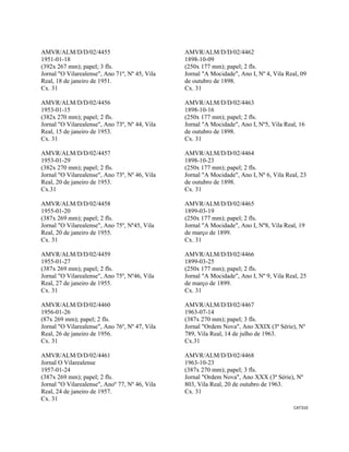 CAT310 
 
AMVR/ALM/D/D/02/4455
1951-01-18
(392x 267 mm); papel; 3 fls.
Jornal "O Vilarealense", Ano 71º, Nº 45, Vila
Real, 18 de janeiro de 1951.
Cx. 31
AMVR/ALM/D/D/02/4456
1953-01-15
(382x 270 mm); papel; 2 fls.
Jornal "O Vilarealense", Ano 73º, Nº 44, Vila
Real, 15 de janeiro de 1953.
Cx. 31
AMVR/ALM/D/D/02/4457
1953-01-29
(382x 270 mm); papel; 2 fls.
Jornal "O Vilarealense", Ano 73º, Nº 46, Vila
Real, 20 de janeiro de 1953.
Cx.31
AMVR/ALM/D/D/02/4458
1955-01-20
(387x 269 mm); papel; 2 fls.
Jornal "O Vilarealense", Ano 75º, Nº45, Vila
Real, 20 de janeiro de 1955.
Cx. 31
AMVR/ALM/D/D/02/4459
1955-01-27
(387x 269 mm); papel; 2 fls.
Jornal "O Vilarealense", Ano 75º, Nº46, Vila
Real, 27 de janeiro de 1955.
Cx. 31
AMVR/ALM/D/D/02/4460
1956-01-26
(87x 269 mm); papel; 2 fls.
Jornal "O Vilarealense", Ano 76º, Nº 47, Vila
Real, 26 de janeiro de 1956.
Cx. 31
AMVR/ALM/D/D/02/4461
Jornal O Vilarealense
1957-01-24
(387x 269 mm); papel; 2 fls.
Jornal "O Vilarealense", Anoº 77, Nº 46, Vila
Real, 24 de janeiro de 1957.
Cx. 31
AMVR/ALM/D/D/02/4462
1898-10-09
(250x 177 mm); papel; 2 fls.
Jornal "A Mocidade", Ano I, Nº 4, Vila Real, 09
de outubro de 1898.
Cx. 31
AMVR/ALM/D/D/02/4463
1898-10-16
(250x 177 mm); papel; 2 fls.
Jornal "A Mocidade", Ano I, Nº5, Vila Real, 16
de outubro de 1898.
Cx. 31
AMVR/ALM/D/D/02/4464
1898-10-23
(250x 177 mm); papel; 2 fls.
Jornal "A Mocidade", Ano I, Nº 6, Vila Real, 23
de outubro de 1898.
Cx. 31
AMVR/ALM/D/D/02/4465
1899-03-19
(250x 177 mm); papel; 2 fls.
Jornal "A Mocidade", Ano I, Nº8, Vila Real, 19
de março de 1899.
Cx. 31
AMVR/ALM/D/D/02/4466
1899-03-25
(250x 177 mm); papel; 2 fls.
Jornal "A Mocidade", Ano I, Nº 9, Vila Real, 25
de março de 1899.
Cx. 31
AMVR/ALM/D/D/02/4467
1963-07-14
(387x 270 mm); papel; 3 fls.
Jornal "Ordem Nova", Ano XXIX (3ª Série), Nº
789, Vila Real, 14 de julho de 1963.
Cx.31
AMVR/ALM/D/D/02/4468
1963-10-23
(387x 270 mm); papel; 3 fls.
Jornal "Ordem Nova", Ano XXX (3ª Série), Nº
803, Vila Real, 20 de outubro de 1963.
Cx. 31
 