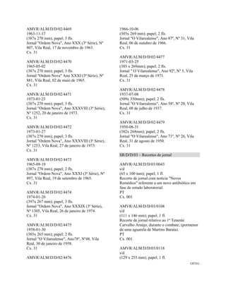 CAT311 
 
AMVR/ALM/D/D/02/4469
1963-11-17
(387x 270 mm); papel; 3 fls.
Jornal "Ordem Nova", Ano XXX (3ª Série), Nº
807, Vila Real, 17 de novembro de 1963.
Cx. 31
AMVR/ALM/D/D/02/4470
1965-05-02
(387x 270 mm); papel; 3 fls.
Jornal "Ordem Nova" Ano XXXI (3ª Série), Nº
881, Vila Real, 02 de maio de 1965.
Cx. 31
AMVR/ALM/D/D/02/4471
1973-01-23
(387x 270 mm); papel; 3 fls.
Jornal "Ordem Nova", Ano XXXVIII (3º Série),
Nº 1252, 20 de janeiro de 1973.
Cx. 31
AMVR/ALM/D/D/02/4472
1973-01-27
(387x 270 mm); papel; 3 fls.
Jornal "Ordem Nova", Ano XXXVIII (3ª Série),
Nº 1253, Vila Real, 27 de janeiro de 1973.
Cx. 31
AMVR/ALM/D/D/02/4473
1965-09-19
(387x 270 mm); papel; 2 fls.
Jornal "Ordem Nova", Ano XXXI (3ª Série), Nº
897, Vila Real, 19 de setembro de 1965.
Cx. 31
AMVR/ALM/D/D/02/4474
1974-01-26
(397x 267 mm); papel; 3 fls.
Jornal "Ordem Nova", Ano XXXIX (3ª Série),
Nº 1305, Vila Real, 26 de janeiro de 1974.
Cx. 31
AMVR/ALM/D/D/02/4475
1958-01-30
(385x 265 mm); papel; 2 fls.
Jornal "O Vilarealense", Ano78º, Nº48, Vila
Real, 30 de janeiro de 1958.
Cx. 31
AMVR/ALM/D/D/02/4476
1966-10-06
(385x 269 mm); papel; 2 fls.
Jornal "O Vilarealense", Ano 87º, Nº 31, Vila
Real, 06 de outubro de 1966.
Cx. 31
AMVR/ALM/D/D/02/4477
1971-03-25
(385 x 269mm); papel; 2 fls.
Jornal " O Vilarealense", Ano 92º, Nº 5, Vila
Real, 25 de março de 1971.
Cx. 31
AMVR/ALM/D/D/02/4478
1937-07-08
(509x 350mm); papel; 2 fls.
Jornal "O Vilarealense", Ano 58º, Nº 20, Vila
Real, 08 de julho de 1937.
Cx. 31
AMVR/ALM/D/D/02/4479
1950-08-31
(382x 268mm); papel; 2 fls.
Jornal "O Vilarealense", Ano 71º, Nº 26, Vila
Real, 31 de agosto de 1950.
Cx. 31
SR/D/D/03 – Recortes de jornal
AMVR/ALM/D/D/03/0043
s/d
(65 x 100 mm); papel; 1 fl.
Recorte de jornal com notícia "Novos
Remédios" referente a um novo antibiótico em
fase de estudo laboratorial.
PT
Cx. 001
AMVR/ALM/D/D/03/0108
s/d
(111 x 146 mm); papel; 1 fl.
Recorte de jornal relativo ao 1º Tenente
Carvalho Araújo, durante o combate, (pormenor
de uma aguarela de Martins Barata).
PT
Cx. 001
AMVR/ALM/D/D/03/0118
s/d
(129 x 255 mm); papel; 1 fl.
 