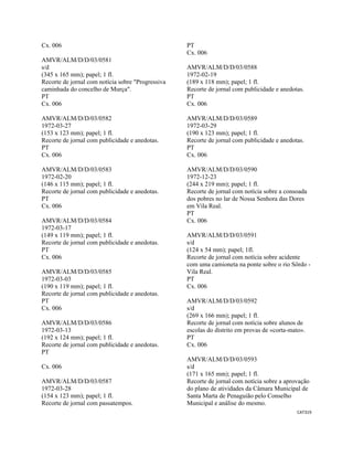 CAT319 
 
Cx. 006
AMVR/ALM/D/D/03/0581
s/d
(345 x 165 mm); papel; 1 fl.
Recorte de jornal com notícia sobre "Progressiva
caminhada do concelho de Murça".
PT
Cx. 006
AMVR/ALM/D/D/03/0582
1972-03-27
(153 x 123 mm); papel; 1 fl.
Recorte de jornal com publicidade e anedotas.
PT
Cx. 006
AMVR/ALM/D/D/03/0583
1972-02-20
(146 x 115 mm); papel; 1 fl.
Recorte de jornal com publicidade e anedotas.
PT
Cx. 006
AMVR/ALM/D/D/03/0584
1972-03-17
(149 x 119 mm); papel; 1 fl.
Recorte de jornal com publicidade e anedotas.
PT
Cx. 006
AMVR/ALM/D/D/03/0585
1972-03-03
(190 x 119 mm); papel; 1 fl.
Recorte de jornal com publicidade e anedotas.
PT
Cx. 006
AMVR/ALM/D/D/03/0586
1972-03-13
(192 x 124 mm); papel; 1 fl.
Recorte de jornal com publicidade e anedotas.
PT
Cx. 006
AMVR/ALM/D/D/03/0587
1972-03-28
(154 x 123 mm); papel; 1 fl.
Recorte de jornal com passatempos.
PT
Cx. 006
AMVR/ALM/D/D/03/0588
1972-02-19
(189 x 118 mm); papel; 1 fl.
Recorte de jornal com publicidade e anedotas.
PT
Cx. 006
AMVR/ALM/D/D/03/0589
1972-03-29
(190 x 123 mm); papel; 1 fl.
Recorte de jornal com publicidade e anedotas.
PT
Cx. 006
AMVR/ALM/D/D/03/0590
1972-12-23
(244 x 219 mm); papel; 1 fl.
Recorte de jornal com notícia sobre a consoada
dos pobres no lar de Nossa Senhora das Dores
em Vila Real.
PT
Cx. 006
AMVR/ALM/D/D/03/0591
s/d
(124 x 54 mm); papel; 1fl.
Recorte de jornal com notícia sobre acidente
com uma camioneta na ponte sobre o rio Sôrdo -
Vila Real.
PT
Cx. 006
AMVR/ALM/D/D/03/0592
s/d
(269 x 166 mm); papel; 1 fl.
Recorte de jornal com notícia sobre alunos de
escolas do distrito em provas de «corta-mato».
PT
Cx. 006
AMVR/ALM/D/D/03/0593
s/d
(171 x 165 mm); papel; 1 fl.
Recorte de jornal com notícia sobre a aprovação
do plano de atividades da Câmara Municipal de
Santa Marta de Penaguião pelo Conselho
Municipal e análise do mesmo.
 