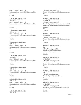 CAT324 
 
(190 x 130 mm); papel; 1 fl.
Recorte de jornal com publicidade e anedotas.
PT
Cx. 006
AMVR/ALM/D/D/03/0645
1972-05-31
(192 x 122 mm); papel; 1 fl.
Recorte de jornal com publicidade e anedotas.
PT
Cx. 006
AMVR/ALM/D/D/03/0646
1972-05-20
(194 x 116 mm); papel; 1 fl.
Recorte de jornal com publicidade e anedotas.
PT
Cx. 006
AMVR/ALM/D/D/03/0647
1973-07-02
(195 x 131 mm); papel; 1 fl.
Recorte de jornal com publicidade e anedotas.
PT
Cx. 006
AMVR/ALM/D/D/03/0648
1973-08-31
(188 x 120 mm); papel; 1 fl.
Recorte de jornal com publicidade e anedotas.
PT
Cx. 006
AMVR/ALM/D/D/03/0649
1973-08-27
(190 x 121 mm); papel; 1 fl.
Recorte de jornal com publicidade e anedotas.
PT
Cx. 006
AMVR/ALM/D/D/03/0650
1972-12-20
(150 x 120 mm); papel; 1 fl.
Recorte de jornal com publicidade e anedotas.
PT
Cx. 006
AMVR/ALM/D/D/03/0651
1973-01-04
(197 x 126 mm); papel; 1 fl.
Recorte de jornal com publicidade e anedotas.
PT
Cx. 006
AMVR/ALM/D/D/03/0652
1973-08-23
(332 x 147 mm); papel; 1 fl.
Recorte de jornal com notícia sobre situação do
hospital da misericórdia de Vila Real e outras
notícias.
PT
Cx. 006
AMVR/ALM/D/D/03/0653
1972-06-03
(188 x 127 mm); papel; 1 fl.
Recorte de jornal com publicidade e anedotas.
PT
Cx. 006
AMVR/ALM/D/D/03/0654
s/d
(116 x 75 mm); papel; 1 fl.
Recorte de jornal com anedotas.
PT
Cx. 006
AMVR/ALM/D/D/03/0655
1973-07-05
(155 x 139 mm); papel; 1 fl.
Recorte de jornal com publicidade e anedotas.
PT
Cx. 006
AMVR/ALM/D/D/03/0656
s/d
(121 x 65 mm); papel; 1 fl.
Recorte de jornal com anedotas.
PT
Cx. 006
AMVR/ALM/D/D/03/0657
1972-05-25
(189 x 121 mm); papel; 1 fl.
Recorte de jornal com publicidade e anedotas.
PT
Cx. 006
 