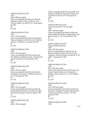 CAT15 
 
AMVR/ALM/D/A/01/3590
1982
(686 x 490 mm); papel.
Cartaz com programa das festas em honra do
Sagrado Coração de Jesus em Bornes, Vila
Pouca de Aguiar, nos dias 28, 29 e 30 de agosto
de 1982.
PT
Cx. 023
AMVR/ALM/D/A/01/3591
1982
(431 x 316 mm); papel.
Cartaz com programa das festas em honra de S.
Tiago na Freguesia de Vila Cova em Vila Real,
nos dias 31 de julho e 1 de agosto de 1982.
PT
Cx. 023
AMVR/ALM/D/A/01/3592
1982
(449 x 330 mm); papel.
Cartaz com programa das festas em honra de
Sta. Bárbara em Alfarela de Jales, Vila Pouca de
Aguiar nos dias 24 e 25 de julho de 1982.
PT
Cx. 023
AMVR/ALM/D/A/01/3593
1982
(483 x 345 mm); papel.
Cartaz com programa das festas em honra de
Sta. Bárbara em Escariz, Vila Real, nos dias 21,
22 e 23 de agosto de 1982.
PT
Cx. 023
AMVR/ALM/D/A/01/3594
1982
(449 x 334 mm); papel.
Cartaz com programa das festas em honra de
Nossa Senhora de Fátima em Cerdeira de Jales,
Vila Pouca de Aguiar no dia 8 de agosto 1982.
PT
Cx. 023
AMVR/ALM/D/A/01/3595
1982
(484 x 346 mm); papel.
Cartaz com programa das festas em honra de S.
Isidro em Abambres, Freguesia de Mateus, em
Vila Real nos dias 28, 29 e 30 de agosto de
1982.
PT
Cx. 023
AMVR/ALM/D/A/01/3596
Festas em honra de N.ª Sr.ª da Ajuda
1982
(685 x 490 mm); papel.
Cartaz com programa das festas em honra de
Nossa Senhora da Ajuda em Sanguinhedo, Vila
Real, nos dias 17, 18 e 19 de julho de 1982.
PT
Cx. 023
AMVR/ALM/D/A/01/3597
Festas em Ribeira de Pena
1982
(687 x 491 mm); papel.
Cartaz com programa das festas da Vila de
Ribeira de Pena em honra de Nossa Sra. das
Angústias e Divino Salvador, nos dias 30, 31 de
julho e 1 de agosto de 1982.
PT
Cx. 023
AMVR/ALM/D/A/01/3598
1982
(687 x 491 mm); papel.
Cartaz da Romaria em honra de Nossa Sra. das
Graças e Santa Eufémia em S. Mamede de
Ribatua, Alijó nos dias 4, 5, 6 e 7 de setembro
de 1982.
PT
Cx. 023
AMVR/ALM/D/A/01/3599
1982
(187 x 490 mm); papel.
Cartaz com programa da romaria em honra de
Nossa Sra. da Saúde de Saudel, Freguesia de S.
Lourenço em Sabrosa, nos dias 7, 8 e 9 de
agosto de 1982.
PT
Cx. 023
AMVR/ALM/D/A/01/3600
1982
 