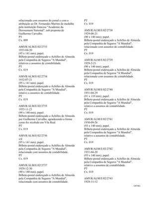 CAT361 
 
relacionada com assuntos do jornal e com a
atribuição ao Dr. Fernandes Martins de medalha
pela instituição francesa "Academie du
Derouement National", sob proposta de
Guilherme Carvalho.
PT
Cx. 009
AMVR/ALM/E/02/2733
1933-04-20
(95 x 141 mm); papel.
Bilhete-postal endereçado a Achilles de Almeida
pela Companhia de Seguros "A Mundial",
relativos a assuntos de contabilidade.
PT
Cx. 019
AMVR/ALM/E/02/2734
1932-07-21
(95 x 141 mm); papel.
Bilhete-postal endereçado a Achilles de Almeida
pela Companhia de Seguros "A Mundial",
relativo a assuntos de contabilidade.
PT
Cx. 019
AMVR/ALM/E/02/2735
1953-11-23
(90 x 140 mm); papel.
Bilhete-postal endereçado a Achilles de Almeida
por Guilherme Carvalho, agradecendo a forma
como foi recebido em Vila Real.
PT
Cx. 019
AMVR/ALM/E/02/2736
s/d
(95 x 141 mm); papel.
Bilhete-postal endereçado a Achilles de Almeida
pela Companhia de Seguros "A Mundial",
relacionado com assuntos de contabilidade.
PT
Cx. 019
AMVR/ALM/E/02/2737
1929-12-30
(90 x 140 mm); papel.
Bilhete-postal endereçado a Achilles de Almeida
pela Companhia de Seguros "A Mundial",
relacionado com assuntos de contabilidade.
PT
Cx. 019
AMVR/ALM/E/02/2738
1929-08-21
(90 x 140 mm); papel.
Bilhete-postal endereçado a Achilles de Almeida
pela Companhia de Seguros "A Mundial",
relacionado com assuntos de contabilidade.
PT
Cx. 019
AMVR/ALM/E/02/2739
1929-2-21
(90 x 140 mm); papel.
Bilhete-postal endereçado a Achilles de Almeida
pela Companhia de Seguros "A Mundial",
relacionado com assuntos de contabilidade.
PT
Cx. 019
AMVR/ALM/E/02/2740
1931-04-29
(91 x 110 mm); papel.
Bilhete-postal endereçado a Achilles de Almeida
pela Companhia de Seguros "A Mundial",
relativo a assuntos de contabilidade.
PT
Cx. 019
AMVR/ALM/E/02/2741
1930-09-26
(93 x 140 mm); papel.
Bilhete-postal endereçado a Achilles de Almeida
pela Companhia de Seguros "A Mundial",
relativo a assuntos de contabilidade.
PT
Cx. 019
AMVR/ALM/E/02/2742
1931-04-20
(93 x 140 mm); papel.
Bilhete-postal endereçado a Achilles de Almeida
pela Companhia de Seguros "A Mundial",
relativo a assuntos de contabilidade.
PT
Cx. 019
AMVR/ALM/E/02/2743
1928-11-12
 