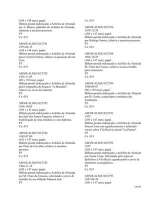 CAT365 
 
(104 x 148 mm); papel.
Bilhete-postal endereçado a Achilles de Almeida
por A. Muaze, padrinho de Achilles de Almeida,
referente a assuntos pessoais.
PT
Cx. 019
AMVR/ALM/E/02/2781
1955-06-15
(104 x 148 mm); papel.
Bilhete-postal endereçado a Achilles de Almeida
pela Livraria Eclética, relativo à aquisição de um
livro.
PT
Cx. 019
AMVR/ALM/E/02/2782
1928-11-05
(90 x 139 mm); papel.
Bilhete-postal endereçado a Achilles de Almeida
pela Companhia de Seguros "A Mundial",
relativo ao envio de material.
PT
Cx. 019
AMVR/ALM/E/02/2783
1958-10-09
(105 x 147 mm); papel.
Bilhete-postal endereçado a Achilles de Almeida
por José dos Santos Figueira, relativo à
modificação de uma moldura e a um diploma.
PT
Cx. 019
AMVR/ALM/E/02/2784
1942-07-09
(101 x 147 mm); papel.
Bilhete-postal endereçado a Achilles de Almeida
por Pires de Carvalho, relativo a assuntos
pessoais.
PT
Cx. 019
AMVR/ALM/E/02/2785
1964-11-18
(105 x 147 mm); papel.
Bilhete-postal endereçado a Achilles de Almeida
por M. Claro da Fonseca, solicitando o envio de
certidão do seu afilhado Manuel José.
PT
Cx. 019
AMVR/ALM/E/02/2786
1978-12-24
(105 x 147 mm); papel.
Bilhete-postal endereçado a Achilles de Almeida
por Rodrigo Santos, relativo a assuntos pessoais.
PT
Cx. 019
AMVR/ALM/E/02/2788
1964-10-25
(104 x 147 mm); papel.
Bilhete-postal endereçado a Achilles de Almeida
M. Claro da Fonseca, relativo a uma certidão
para casamento.
PT
Cx. 019
AMVR/ALM/E/02/2789
1940-09-07
(90 x 139 mm); papel.
Bilhete-postal endereçado a Achilles de Almeida
por R. Cunha, a participar a mudança das
instalações.
PT
Cx. 019
AMVR/ALM/E/02/2791
1957
(105 x 147 mm); papel.
Bilhete-postal endereçado a Achilles de Almeida
Sousa Costa com agradecimentos e referindo
versos sobre Vila Real no jornal "La Prensa".
PT
Cx. 019
AMVR/ALM/E/02/2792
1957
(105 x 147 mm); papel.
Bilhete-postal endereçado a Achilles de Almeida
por Sousa Costa, felicitando pelo regresso
definitivo a Vila Real e agradecendo o envio de
elementos iconográficos.
PT
Cx. 019
AMVR/ALM/E/02/2793
1957-08-30
(105 x 147 mm); papel.
 