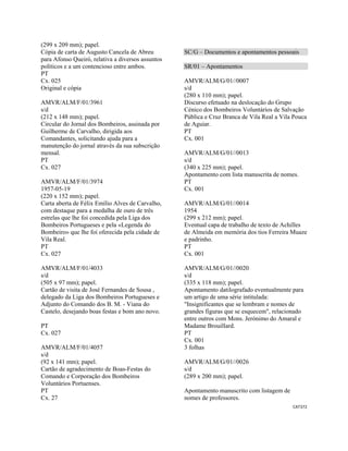 CAT372 
 
(299 x 209 mm); papel.
Cópia de carta de Augusto Cancela de Abreu
para Afonso Queiró, relativa a diversos assuntos
políticos e a um contencioso entre ambos.
PT
Cx. 025
Original e cópia
AMVR/ALM/F/01/3961
s/d
(212 x 148 mm); papel.
Circular do Jornal dos Bombeiros, assinada por
Guilherme de Carvalho, dirigida aos
Comandantes, solicitando ajuda para a
manutenção do jornal através da sua subscrição
mensal.
PT
Cx. 027
AMVR/ALM/F/01/3974
1957-05-19
(220 x 152 mm); papel.
Carta aberta de Félix Emílio Alves de Carvalho,
com destaque para a medalha de ouro de três
estrelas que lhe foi concedida pela Liga dos
Bombeiros Portugueses e pela «Legenda do
Bombeiro» que lhe foi oferecida pela cidade de
Vila Real.
PT
Cx. 027
AMVR/ALM/F/01/4033
s/d
(505 x 97 mm); papel.
Cartão de visita de José Fernandes de Sousa ,
delegado da Liga dos Bombeiros Portugueses e
Adjunto do Comando dos B. M. - Viana do
Castelo, desejando boas festas e bom ano novo.
PT
Cx. 027
AMVR/ALM/F/01/4057
s/d
(92 x 141 mm); papel.
Cartão de agradecimento de Boas-Festas do
Comando e Corporação dos Bombeiros
Voluntários Portuenses.
PT
Cx. 27
SC/G – Documentos e apontamentos pessoais
SR/01 – Apontamentos
AMVR/ALM/G/01//0007
s/d
(280 x 110 mm); papel.
Discurso efetuado na deslocação do Grupo
Cénico dos Bombeiros Voluntários de Salvação
Pública e Cruz Branca de Vila Real a Vila Pouca
de Aguiar.
PT
Cx. 001
AMVR/ALM/G/01//0013
s/d
(340 x 225 mm); papel.
Apontamento com lista manuscrita de nomes.
PT
Cx. 001
AMVR/ALM/G/01//0014
1954
(299 x 212 mm); papel.
Eventual capa de trabalho de texto de Achilles
de Almeida em memória dos tios Ferreira Muaze
e padrinho.
PT
Cx. 001
AMVR/ALM/G/01//0020
s/d
(335 x 118 mm); papel.
Apontamento datilografado eventualmente para
um artigo de uma série intitulada:
"Insignificantes que se lembram e nomes de
grandes figuras que se esquecem", relacionado
entre outros com Mons. Jerónimo do Amaral e
Madame Brouillard.
PT
Cx. 001
3 folhas
AMVR/ALM/G/01//0026
s/d
(289 x 200 mm); papel.
Apontamento manuscrito com listagem de
nomes de professores.
 