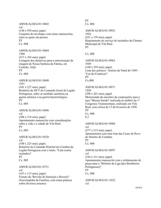 CAT375 
 
AMVR/ALM/G/01//0402
s/d
(140 x 930 mm); papel.
Conjunto de envelopes com notas manuscritas,
entre as quais um poema.
PT
Cx. 004
AMVR/ALM/G/01//0404
1980
(217 x 165 mm); papel.
Listagem dos donativos para a entronização da
imagem de Nossa Senhora de Fátima, em
Castedo; Alijó.
PT
Cx. 004
AMVR/ALM/G/01//0490
1951
(341 x 227 mm); papel.
Relatório do DCT do Comando Geral da Legião
Portuguesa, sobre as medidas sanitárias na
guerra atómica e na guerra bacteriológica.
PT
Cx. 005
AMVR/ALM/G/01//0496
s/d
(300 x 214 mm); papel.
Apontamento manuscrito com considerações
sobre a vida e a cidade de Vila Real.
PT
Cx. 005
AMVR/ALM/G/01//0520
s/d
(340 x 225 mm); papel.
Relatório do Comando Distrital de Coimbra da
Legião Portuguesa com o título: "Luta contra
incêndios".
PT
Cx. 005
AMVR/ALM/G/01//0731
s/d
(167 x 113 mm); papel.
Extrato da "Revista de Instrução e Recreio"
(Enciclopédia da Família), com notas práticas
sobre diversos assuntos.
PT
Cx. 006
AMVR/ALM/G/01//0952
1926
(221 x 159 mm); papel.
Regulamento do serviço de incêndios da Câmara
Municipal de Vila Real.
PT
Cx. 008
AMVR/ALM/G/01//0963
1949
(198 x 259 mm); papel.
Lista dos prémios - Sorteio de Natal de 1949 -
"Lar do Comércio".
PT
Cx.008
AMVR/ALM/G/01//0971
1920
(298 x 201 mm); papel.
Memorando do encontro de corporações para a
taça "Morais Serrão" realizada no âmbito do 1º
Congresso Transmontano, realizado em Vila
Real, com crítica de 13 de fevereiro de 1950.
PT
Cx. 008
8.2
AMVR/ALM/G/01//0984
s/d
(277 x 215 mm); papel.
Apontamento com uma lista das Casas do Povo
do Distrito de Coimbra.
PT
Cx. 008
AMVR/ALM/G/01//0997
s/d
(166 x 111 mm); papel.
Apontamento manuscrito com o alinhamento de
peças para o "Boletim da Liga [dos Bombeiros
Portugueses]".
PT
Cx. 008
AMVR/ALM/G/01//1032
s/d
 