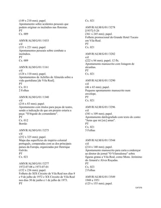 CAT376 
 
(149 x 210 mm); papel.
Apontamento sobre acidentes pessoais que
podem originar os incêndios nas florestas.
PT
Cx. 009
AMVR/ALM/G/01//1033
s/d
(331 x 221 mm); papel.
Apontamentos pessoais sobre combate a
incêndios.
PT
Cx. 009
AMVR/ALM/G/01//1161
s/d
(124 x 110 mm); papel.
Apontamentos de Achilles de Almeida sobre a
vida quotidiana [de Vila Real].
PT
Cx. 011
2 Folhas
AMVR/ALM/G/01//1340
s/d
(216 x 83 mm); papel.
Apontamento com títulos para peças de teatro,
sendo a indicação de que em projeto estaria a
peça: "O bigode do comandante".
PT
Cx. 012
Borrão
AMVR/ALM/G/01//3275
s/d
(252 x 325 mm); papel.
Mapa das superfícies do império colonial
português, comparadas com as dos principais
países da Europa, organizadas por Henrique
Galvão.
PT
Cx. 021
AMVR/ALM/G/01//3277
1972-07-08 a 1973-07-01
(152 x 236 mm); papel.
Folheto do XIX Circuito de Vila Real nos dias 8
e 9 de julho de 1972 e XX Circuito de Vila Real
nos dias 30 de junho e 1 de julho de 1973.
PT
Cx. 021
AMVR/ALM/G/01//3278
[1937]-5-26
(361 x 245 mm); papel.
Folheto promocional do Grande Hotel Tocaio
em Vila Real.
PT
Cx. 021
AMVR/ALM/G/01//3282
s/d
(222 x 84 mm); papel; 12 fls.
Apontamento manuscrito com listagem de
alcunhas.
PT
Cx. 021
AMVR/ALM/G/01//3290
s/d
(46 x 65 mm); papel.
Pequeno apontamento manuscrito num
envelope.
PT
Cx. 021
AMVR/ALM/G/01//3296
s/d
(341 x 109 mm); papel.
Apontamento datilografado com texto do conto:
"Juras que mi [sic] amas".
PT
Cx. 021
5 Folhas
AMVR/ALM/G/01//3544
s/d
(214 x 140 mm); papel.
Apontamento manuscrito para carta a endereçar
ao diretor do jornal "O Vilarealense" sobre
figuras gratas a Vila Real, como Mons. Jerónimo
do Amaral e Alves Roçadas.
PT
Cx. 023
2 Folhas
AMVR/ALM/G/01//3549
1948 a 1951
(125 x 155 mm); papel.
 