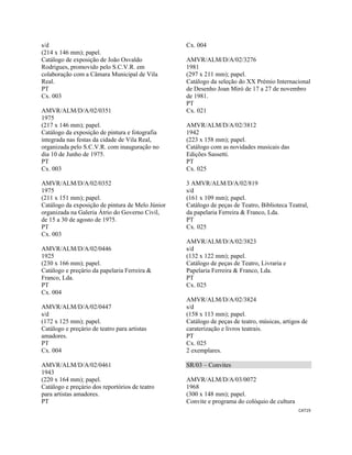 CAT19 
 
s/d
(214 x 146 mm); papel.
Catálogo de exposição de João Osvaldo
Rodrigues, promovido pelo S.C.V.R. em
colaboração com a Câmara Municipal de Vila
Real.
PT
Cx. 003
AMVR/ALM/D/A/02/0351
1975
(217 x 146 mm); papel.
Catálogo da exposição de pintura e fotografia
integrada nas festas da cidade de Vila Real,
organizada pelo S.C.V.R. com inauguração no
dia 10 de Junho de 1975.
PT
Cx. 003
AMVR/ALM/D/A/02/0352
1975
(211 x 151 mm); papel.
Catálogo da exposição de pintura de Melo Júnior
organizada na Galeria Átrio do Governo Civil,
de 15 a 30 de agosto de 1975.
PT
Cx. 003
AMVR/ALM/D/A/02/0446
1925
(230 x 166 mm); papel.
Catálogo e preçário da papelaria Ferreira &
Franco, Lda.
PT
Cx. 004
AMVR/ALM/D/A/02/0447
s/d
(172 x 125 mm); papel.
Catálogo e preçário de teatro para artistas
amadores.
PT
Cx. 004
AMVR/ALM/D/A/02/0461
1943
(220 x 164 mm); papel.
Catálogo e preçário dos reportórios de teatro
para artistas amadores.
PT
Cx. 004
AMVR/ALM/D/A/02/3276
1981
(297 x 211 mm); papel.
Catálogo da seleção do XX Prémio Internacional
de Desenho Joan Miró de 17 a 27 de novembro
de 1981.
PT
Cx. 021
AMVR/ALM/D/A/02/3812
1942
(223 x 158 mm); papel.
Catálogo com as novidades musicais das
Edições Sassetti.
PT
Cx. 025
3 AMVR/ALM/D/A/02/819
s/d
(161 x 109 mm); papel.
Catálogo de peças de Teatro, Biblioteca Teatral,
da papelaria Ferreira & Franco, Lda.
PT
Cx. 025
AMVR/ALM/D/A/02/3823
s/d
(132 x 122 mm); papel.
Catálogo de peças de Teatro, Livraria e
Papelaria Ferreira & Franco, Lda.
PT
Cx. 025
AMVR/ALM/D/A/02/3824
s/d
(158 x 113 mm); papel.
Catálogo de peças de teatro, músicas, artigos de
caraterização e livros teatrais.
PT
Cx. 025
2 exemplares.
SR/03 – Convites
AMVR/ALM/D/A/03/0072
1968
(300 x 148 mm); papel.
Convite e programa do colóquio de cultura
 