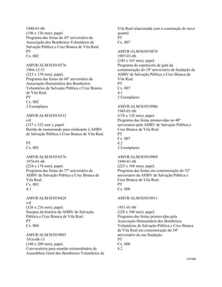 CAT388 
 
1940-01-06
(196 x 126 mm); papel.
Programa das festas do 43º aniversário da
Associação dos Bombeiros Voluntários de
Salvação Pública e Cruz Branca de Vila Real.
PT
Cx. 002
AMVR/ALM/H/05/0276
1964-12-31
(223 x 339 mm); papel.
Programa das festas do 68º aniversário da
Associação Humanitária dos Bombeiros
Voluntários de Salvação Pública e Cruz Branca
de Vila Real.
PT
Cx. 002
2 Exemplares
AMVR/ALM/H/05/0332
s/d
(327 x 332 mm ); papel.
Borrão de memorando para sindicante à AHBV
de Salvação Pública e Cruz Branca de Vila Real.
PT
Cx. 003
AMVR/ALM/H/05/0376
1974-01-06
(224 x 174 mm); papel.
Programa das festas do 77º aniversário da
AHBV de Salvação Pública e Cruz Branca de
Vila Real.
Cx. 003
4.1
AMVR/ALM/H/05/0428
s/d
(326 x 216 mm); papel.
Sinopse da história da AHBV de Salvação
Pública e Cruz Branca de Vila Real.
PT
Cx. 004
AMVR/ALM/H/05/0803
1916-08-13
(340 x 209 mm); papel.
Convocatória para reunião extraordinária da
Assembleia Geral dos Bombeiros Voluntários de
Vila Real relacionada com a construção do novo
quartel.
PT
Cx. 007
AMVR/ALM/H/05/0878
1907-01-06
(240 x 165 mm); papel.
Programa do espetáculo de gala da
comemoração do 10º aniversário da fundação da
AHBV de Salvação Pública e Cruz Branca de
Vila Real.
PT
Cx. 007
4.1
2 Exemplares
AMVR/ALM/H/05/0906
1945-01-06
(176 x 128 mm); papel.
Programa das festas promovidas no 48º
aniversário pela AHBV de Salvação Pública e
Cruz Branca de Vila Real.
PT
Cx. 007
8.2
2 Exemplares
AMVR/ALM/H/05/0909
1949-01-06
(225 x 168 mm); papel.
Programa das festas em comemoração do 52º
aniversário da AHBV de Salvação Pública e
Cruz Branca de Vila Real.
PT
Cx. 008
AMVR/ALM/H/05/0911
1951-01-06
(228 x 340 mm); papel.
Programa das festas promovidas pela
Associação Humanitária dos Bombeiros
Voluntários de Salvação Pública e Cruz Branca
de Vila Real em comemoração do 54º
aniversário da sua fundação.
PT
Cx. 008
8.2
 