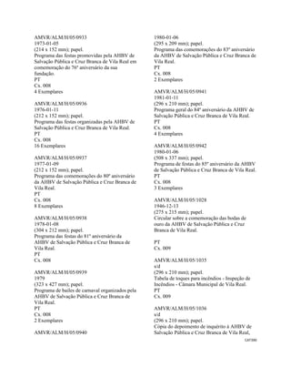 CAT390 
 
AMVR/ALM/H/05/0933
1973-01-05
(214 x 152 mm); papel.
Programa das festas promovidas pela AHBV de
Salvação Pública e Cruz Branca de Vila Real em
comemoração do 76º aniversário da sua
fundação.
PT
Cx. 008
4 Exemplares
AMVR/ALM/H/05/0936
1976-01-11
(212 x 152 mm); papel.
Programa das festas organizadas pela AHBV de
Salvação Pública e Cruz Branca de Vila Real.
PT
Cx. 008
16 Exemplares
AMVR/ALM/H/05/0937
1977-01-09
(212 x 152 mm); papel.
Programa das comemorações do 80º aniversário
da AHBV de Salvação Pública e Cruz Branca de
Vila Real.
PT
Cx. 008
8 Exemplares
AMVR/ALM/H/05/0938
1978-01-08
(304 x 212 mm); papel.
Programa das festas do 81º aniversário da
AHBV de Salvação Pública e Cruz Branca de
Vila Real.
PT
Cx. 008
AMVR/ALM/H/05/0939
1979
(323 x 427 mm); papel.
Programa de bailes de carnaval organizados pela
AHBV de Salvação Pública e Cruz Branca de
Vila Real.
PT
Cx. 008
2 Exemplares
AMVR/ALM/H/05/0940
1980-01-06
(295 x 209 mm); papel.
Programa das comemorações do 83º aniversário
da AHBV de Salvação Pública e Cruz Branca de
Vila Real.
PT
Cx. 008
2 Exemplares
AMVR/ALM/H/05/0941
1981-01-11
(296 x 210 mm); papel.
Programa geral do 84º aniversário da AHBV de
Salvação Pública e Cruz Branca de Vila Real.
PT
Cx. 008
4 Exemplares
AMVR/ALM/H/05/0942
1980-01-06
(508 x 337 mm); papel.
Programa de festas do 85º aniversário da AHBV
de Salvação Pública e Cruz Branca de Vila Real.
PT
Cx. 008
3 Exemplares
AMVR/ALM/H/05/1028
1946-12-13
(275 x 215 mm); papel.
Circular sobre a comemoração das bodas de
ouro da AHBV de Salvação Pública e Cruz
Branca de Vila Real.
PT
Cx. 009
AMVR/ALM/H/05/1035
s/d
(296 x 210 mm); papel.
Tabela de toques para incêndios - Inspeção de
Incêndios - Câmara Municipal de Vila Real.
PT
Cx. 009
AMVR/ALM/H/05/1036
s/d
(296 x 210 mm); papel.
Cópia do depoimento de inquérito à AHBV de
Salvação Pública e Cruz Branca de Vila Real,
 