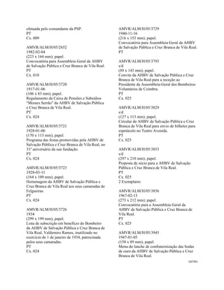 CAT391 
 
efetuada pelo comandante da PSP.
PT
Cx. 009
AMVR/ALM/H/05/2652
1982-02-04
(223 x 164 mm); papel.
Convocatória para Assembleia Geral da AHBV
de Salvação Pública e Cruz Branca de Vila Real.
PT
Cx. 018
AMVR/ALM/H/05/3720
1917-01-06
(106 x 83 mm); papel.
Regulamento da Caixa de Pensões e Subsídios
"Moraes Serrão" da AHBV de Salvação Pública
e Cruz Branca de Vila Real.
PT
Cx. 024
AMVR/ALM/H/05/3721
1928-01-06
(170 x 113 mm); papel.
Programa das festas promovidas pela AHBV de
Salvação Pública e Cruz Branca de Vila Real, no
31º aniversário da sua fundação.
PT
Cx. 024
AMVR/ALM/H/05/3723
1928-03-11
(164 x 109 mm); papel.
Homenagem da AHBV de Salvação Pública e
Cruz Branca de Vila Real aos seus camaradas de
Felgueiras.
PT
Cx. 024
AMVR/ALM/H/05/3726
1934
(299 x 199 mm); papel.
Lista de subscrição em benefício do Bombeiro
da AHBV de Salvação Pública e Cruz Branca de
Vila Real, Valdemiro Ramos, inutilizado no
exercício de 1 de janeiro de 1934, patrocinada
pelos seus camaradas.
PT
Cx. 024
AMVR/ALM/H/05/3729
1940-11-16
(216 x 153 mm); papel.
Convocatória para Assembleia Geral da AHBV
de Salvação Pública e Cruz Branca de Vila Real.
PT
AMVR/ALM/H/05/3793
s/d
(89 x 143 mm); papel.
Convite da AHBV de Salvação Pública e Cruz
Branca de Vila Real para a receção ao
Presidente da Assembleia-Geral dos Bombeiros
Voluntários de Coimbra.
PT
Cx. 025
AMVR/ALM/H/05/3829
s/d
(127 x 113 mm); papel.
Circular da AHBV de Salvação Pública e Cruz
Branca de Vila Real para envio de bilhetes para
espetáculo no Teatro Avenida.
PT
Cx. 025
AMVR/ALM/H/05/3853
s/d
(297 x 210 mm); papel.
Proposta de sócio para a AHBV de Salvação
Pública e Cruz Branca de Vila Real.
PT
Cx. 025
2 Exemplares
AMVR/ALM/H/05/3856
1967-02-13
(273 x 212 mm); papel.
Convocatória para a Assembleia Geral da
AHBV de Salvação Pública e Cruz Branca de
Vila Real.
PT
Cx. 025
AMVR/ALM/H/05/3945
1947-01-05
(158 x 89 mm); papel.
Menu do lanche de confraternização das bodas
de ouro da AHBV de Salvação Pública e Cruz
Branca de Vila Real.
 