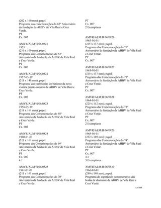 CAT394 
 
(202 x 160 mm); papel.
Programa das comemorações do 62º Aniversário
da fundação da AHBV de Vila Real e Cruz
Verde.
PT
Cx. 007
AMVR/ALM/H/06/0821
1955
(210 x 160 mm); papel.
Programa das Comemorações do 64º
Aniversário da fundação da AHBV de Vila Real
e Cruz Verde.
PT
Cx. 007
AMVR/ALM/H/06/0822
1957-05-19
(211 x 148 mm); papel.
Programa das cerimónias do batismo da nova
viatura pronto-socorro da AHBV de Vila Real e
Cruz Verde.
PT
Cx. 007
AMVR/ALM/H/06/0823
1958-05-19
(211 x 161 mm); papel.
Programa das Comemorações do 68º
Aniversário da fundação da AHBV de Vila Real
e Cruz Verde.
PT
Cx. 007
AMVR/ALM/H/06/0824
1960-01-01
(211 x 161 mm); papel.
Programa das Comemorações do 69º
Aniversário da fundação da AHBV de Vila Real
e Cruz Verde.
PT
Cx. 007
4.1
AMVR/ALM/H/06/0825
1961-01-01
(211 x 161 mm); papel.
Programa das Comemorações do 70º
Aniversário da fundação da AHBV de Vila Real
e Cruz Verde.
PT
Cx. 007
2 Exemplares
AMVR/ALM/H/06/0826
1963-01-01
(215 x 137 mm); papel.
Programa das Comemorações do 71º
Aniversário da fundação da AHBV de Vila Real
e Cruz Verde.
PT
Cx. 007
AMVR/ALM/H/06/0827
1963-01-01
(215 x 137 mm); papel.
Programa das Comemorações do 72º
Aniversário da fundação da AHBV de Vila Real
e Cruz Verde.
PT
Cx. 007
AMVR/ALM/H/06/0828
1964-01-01
(225 x 112 mm); papel.
Programa das Comemorações do 73º
Aniversário da fundação da AHBV de Vila Real
e Cruz Verde.
PT
Cx. 007
2 Exemplares
AMVR/ALM/H/06/0829
1965-01-01
(222 x 169 mm); papel.
Programa das Comemorações do 74º
Aniversário da fundação da AHBV de Vila Real
e Cruz Verde.
PT
Cx. 007
4.1
3 Exemplares
AMVR/ALM/H/06/0830
1966-01-01
(299 x 198 mm); papel.
Programa do espetáculo comemorativo das
bodas de diamante da AHBV de Vila Real e
Cruz Verde.
 