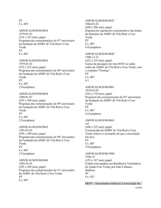 CAT396 
 
PT
Cx. 007
AMVR/ALM/H/06/0842
1978-01-01
(332 x 223 mm); papel.
Programa das comemorações do 87º aniversário
da fundação da AHBV de Vila Real e Cruz
Verde.
PT
Cx. 007
AMVR/ALM/H/06/0843
1979-01-01
(332 x 223 mm); papel.
Programa das comemorações do 88º aniversário
da Fundação da AHBV de Vila Real e Cruz
Verde.
PT
Cx. 007
2 Exemplares
AMVR/ALM/H/06/0844
1980-01-01
(295 x 209 mm); papel.
Programa das comemorações do 89º aniversário
da Fundação da AHBV de Vila Real e Cruz
Verde.
PT
Cx. 007
2 Exemplares
AMVR/ALM/H/06/0845
1981-01-01
(295 x 209 mm); papel.
Programa das comemorações do 90º aniversário
da Fundação da AHBV de Vila Real e Cruz
Verde.
PT
Cx. 007
2 Exemplares
AMVR/ALM/H/06/0846
1982-01-01
(295 x 209 mm); papel.
Programa das comemorações do 91º aniversário
da AHBV de Vila Real e Cruz Verde.
PT
Cx. 007
AMVR/ALM/H/06/0847
1966-01-01
(209 x 206 mm); papel.
Pograma do espetáculo comemorativo das bodas
de diamante da AHBV de Vila Real e Cruz
Verde.
PT
Cx. 007
4 Exemplares
AMVR/ALM/H/06/0849
1980-12-31
(432 x 315 mm); papel.
Cartaz da passagem do Ano 80/81 no salão
nobre da AHBV de Vila Real e Cruz Verde, com
o conjunto "Feeling".
PT
Cx. 007
4.1
AMVR/ALM/H/06/0861
1974-01-01
(222 x 170 mm); papel.
Programa das comemorações do 83º aniversário
da fundação da AHBV de Vila Real e Cruz
Verde.
PT
Cx. 007
6 Exemplares
AMVR/ALM/H/06/0863
s/d
(300 x 222 mm); papel.
Comunicado da AHBV de Vila Real e Cruz
Verde relativo a acusações de que a associação
foi alvo.
PT
Cx. 007
3 Exemplares
AMVR/ALM/H/06/3960
1946-12
(159 x 107 mm); papel.
Cartão com quadras aos Bombeiros Voluntários
de Ajuda Cruz Verde, por João Linhares
Barbosa.
PT
Cx. 027
SR/07 – Documentos relativos à Associação de
 