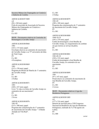 CAT397 
 
Socorros Mútuos dos Empregados no Comércio
e Indústria de Coimbra
AMVR/ALM/H/07/3809
s/d
(96 x 160 mm); papel.
Ficha de associado da Associação de Socorros
Mútuos dos Empregados no Comércio e
Indústria de Coimbra.
PT
Cx. 025
SR/08 – Documentos relativos às Comissões de
Homenagem a Carvalho Araújo
AMVR/ALM/H/08/0068
1981
(163 x 115 mm); papel.
Envelopes alusivos ao centenário do nascimento
de Carvalho Araújo e ao 75º aniversário da linha
do Vale Corgo.
PT
Cx. 001
4 Exemplares
AMVR/ALM/H/08/0069
1981
(212 x 150 mm); papel.
Programa da Mostra de filatelia do 1º centenário
de Carvalho Araújo.
PT
Cx. 001
2 Folhas
AMVR/ALM/H/08/0071
1981
(240 x 167 mm); papel.
Livro "A vida e os feitos de Carvalho Araújo no
centenário do seu nascimento".
PT
Cx. 001
2 livros
AMVR/ALM/H/08/0076
1981-05
(213 x 300 mm); papel.
Programa das comemorações do 1º centenário
do nascimento de Carvalho Araújo: " A Banda
Armada em Vila Real".
PT
Cx. 001
2 Folhas
AMVR/ALM/H/08/0079
1981-05
(300 x 240 mm); papel.
Programa das comemorações do 1º centenário
do nascimento de Carvalho Araújo.
PT
Cx. 001
AMVR/ALM/H/08/0080
1968-10-14
(343 x 279 mm); papel.
Cartão da homenagem a José Botelho de
Carvalho Araújo, no cinquentenário do combate
em que morreu ao serviço da pátria.
PT
Cx. 001
AMVR/ALM/H/08/0081
1981-05-18
(320 x 219 mm); papel.
Cartão da homenagem a José Botelho de
Carvalho Araújo, no centenário do seu
nascimento.
PT
Cx. 001
AMVR/ALM/H/08/0089
1981
(97 x 147 mm); papel.
Postal alusivo ao centenário do nascimento de
José Botelho de Carvalho Araújo.
PT
Cx. 001
2 Livros
SR/09 – Documentos relativos à Liga dos
Bombeiros Portugueses
AMVR/ALM/H/09/1005
s/d
(177 x 216 mm); papel.
Boletim de inscrição para o VIII Congresso
Nacional de Bombeiros da Liga dos Bombeiros
Portugueses, realizado de 5 a 9 de agosto em
Lisboa.
PT
Cx. 008
 