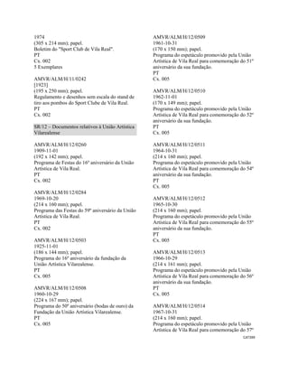 CAT399 
 
1974
(305 x 214 mm); papel.
Boletim do "Sport Club de Vila Real".
PT
Cx. 002
5 Exemplares
AMVR/ALM/H/11/0242
[1923]
(195 x 250 mm); papel.
Regulamento e desenhos sem escala do stand de
tiro aos pombos do Sport Clube de Vila Real.
PT
Cx. 002
SR/12 – Documentos relativos à União Artística
Vilarealense
AMVR/ALM/H/12/0260
1909-11-01
(192 x 142 mm); papel.
Programa de Festas do 16º aniversário da União
Artística de Vila Real.
PT
Cx. 002
AMVR/ALM/H/12/0284
1969-10-20
(214 x 160 mm); papel.
Programa das Festas do 59º aniversário da União
Artística de Vila Real.
PT
Cx. 002
AMVR/ALM/H/12/0503
1925-11-01
(186 x 144 mm); papel.
Programa do 16º aniversário da fundação da
União Artística Vilarealense.
PT
Cx. 005
AMVR/ALM/H/12/0508
1960-10-29
(224 x 167 mm); papel.
Programa do 50º aniversário (bodas de ouro) da
Fundação da União Artística Vilarealense.
PT
Cx. 005
AMVR/ALM/H/12/0509
1961-10-31
(170 x 150 mm); papel.
Programa do espetáculo promovido pela União
Artística de Vila Real para comemoração do 51º
aniversário da sua fundação.
PT
Cx. 005
AMVR/ALM/H/12/0510
1962-11-01
(170 x 149 mm); papel.
Programa do espetáculo promovido pela União
Artística de Vila Real para comemoração do 52º
aniversário da sua fundação.
PT
Cx. 005
AMVR/ALM/H/12/0511
1964-10-31
(214 x 160 mm); papel.
Programa do espetáculo promovido pela União
Artística de Vila Real para comemoração do 54º
aniversário da sua fundação.
PT
Cx. 005
AMVR/ALM/H/12/0512
1965-10-30
(214 x 160 mm); papel.
Programa do espetáculo promovido pela União
Artística de Vila Real para comemoração do 55º
aniversário da sua fundação.
PT
Cx. 005
AMVR/ALM/H/12/0513
1966-10-29
(214 x 161 mm); papel.
Programa do espetáculo promovido pela União
Artística de Vila Real para comemoração do 56º
aniversário da sua fundação.
PT
Cx. 005
AMVR/ALM/H/12/0514
1967-10-31
(214 x 160 mm); papel.
Programa do espetáculo promovido pela União
Artística de Vila Real para comemoração do 57º
 