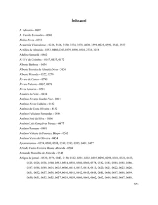 IGR1 
 
Índice geral
A. Almeida - 0802
A. Camilo Fernandes – 0001
Abílio Alves - 0353
Academia Vilarealense – 0236, 3566, 3570, 3574, 3578, 4070, 3559, 0225, 0599, 3542, 3557
Achilles de Almeida - 0353, 0480,0303,0379, 0390, 0504, 2738, 3958
Adelino Samardã - 0862
AHBV de Coimbra – 0147, 0157, 0172
Alberto Barbosa – 0434
Alberto Ferreira de Almeida Neto - 3936
Alberto Miranda - 0522, 0279
Álvaro de Castro – 0790
Álvaro Valente - 0962, 0978
Alves Amorim – 0281
Amadeu do Vale – 0434
António Alvares Guedes Vaz - 0801
António Alves Caldeira - 0182
António da Costa Oliveira - 4152
António Feliciano Fernandes - 0884
António José da Silva – 0896
António Luís Gonçalves Pureza – 0477
António Romano - 0801
António Valente da Fonseca, Bispo – 0263
António Vieira de Oliveira - 0454
Apontamentos - 0374, 0380, 0381, 0389, 0393, 0395, 0401, 0477
Arlindo Castro Ferreira Muaze Almeida - 0504
Armando Mansilha de Almeida - 0548
Artigos de jornal – 0539, 3976, 0043, 0150, 0162, 0291, 0292, 0295, 0296, 0298, 0301, 0321, 0453,
0525, 0528, 0536, 0540, 0553, 0554, 0556, 0560, 0569, 0578, 0582, 0583, 0584, 0585, 0586,
0587, 0588, 0589, 0604, 0605, 0606, 0614, 0617, 0618, 0619, 0620, 0621, 0622, 0623, 0626,
0631, 0632, 0637, 0638, 0639, 0640, 0641, 0642, 0643, 0644, 0645, 0646, 0647, 0648, 0649,
0650, 0651, 0653, 0655, 0657, 0658, 0659, 0660, 0661, 0662, 0663, 0664, 0665, 0667, 0668,
 