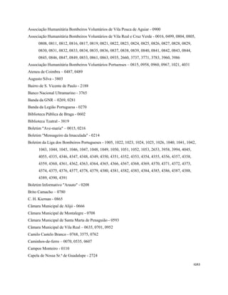 IGR3 
 
Associação Humanitária Bombeiros Voluntários de Vila Pouca de Aguiar - 0900
Associação Humanitária Bombeiros Voluntários de Vila Real e Cruz Verde - 0016, 0499, 0804, 0805,
0808, 0811, 0812, 0816, 0817, 0819, 0821, 0822, 0823, 0824, 0825, 0826, 0827, 0828, 0829,
0830, 0831, 0832, 0833, 0834, 0835, 0836, 0837, 0838, 0839, 0840, 0841, 0842, 0843, 0844,
0845, 0846, 0847, 0849, 0853, 0861, 0863, 0935, 2660, 3737, 3771, 3783, 3960, 3986
Associação Humanitária Bombeiros Voluntários Portuenses – 0815, 0958, 0960, 0967, 1021, 4031
Ateneu de Coimbra – 0487, 0489
Augusto Silva - 3803
Bairro de S. Vicente de Paulo - 2188
Banco Nacional Ultramarino - 3765
Banda da GNR – 0269, 0281
Banda da Legião Portuguesa - 0270
Biblioteca Pública de Braga - 0602
Biblioteca Teatral - 3819
Boletim "Ave-maria" – 0015, 0216
Boletim "Mensageiro da Imaculada" - 0214
Boletim da Liga dos Bombeiros Portugueses - 1005, 1022, 1023, 1024, 1025, 1026, 1040, 1041, 1042,
1043, 1044, 1045, 1046, 1047, 1048, 1049, 1050, 1051, 1052, 1053, 2653, 3958, 3994, 4045,
4055, 4335, 4346, 4347, 4348, 4349, 4350, 4351, 4352, 4353, 4354, 4355, 4356, 4357, 4358,
4359, 4360, 4361, 4362, 4363, 4364, 4365, 4366, 4367, 4368, 4369, 4370, 4371, 4372, 4373,
4374, 4375, 4376, 4377, 4378, 4379, 4380, 4381, 4382, 4383, 4384, 4385, 4386, 4387, 4388,
4389, 4390, 4391
Boletim Informativo "Arauto" - 0208
Brito Camacho – 0780
C. H. Kiernan - 0865
Câmara Municipal de Alijó - 0666
Câmara Municipal de Montalegre - 0708
Câmara Municipal de Santa Marta de Penaguião - 0593
Câmara Municipal de Vila Real – 0635, 0701, 0952
Camilo Castelo Branco - 0768, 3575, 0762
Caminhos-de-ferro – 0070, 0535, 0607
Campos Monteiro - 0110
Capela de Nossa Sr.ª de Guadalupe - 2724
 