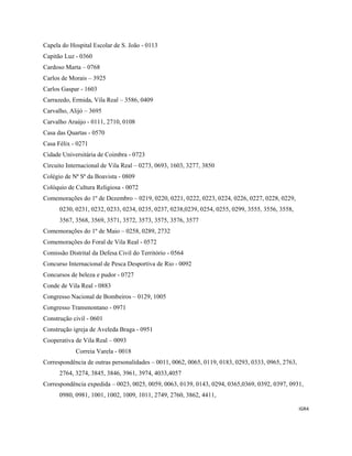 IGR4 
 
Capela do Hospital Escolar de S. João - 0113
Capitão Luz - 0360
Cardoso Marta – 0768
Carlos de Morais – 3925
Carlos Gaspar - 1603
Carrazedo, Ermida, Vila Real – 3586, 0409
Carvalho, Alijó – 3695
Carvalho Araújo - 0111, 2710, 0108
Casa das Quartas - 0570
Casa Félix - 0271
Cidade Universitária de Coimbra - 0723
Circuito Internacional de Vila Real – 0273, 0693, 1603, 3277, 3850
Colégio de Nª Sª da Boavista - 0809
Colóquio de Cultura Religiosa - 0072
Comemorações do 1º de Dezembro – 0219, 0220, 0221, 0222, 0223, 0224, 0226, 0227, 0228, 0229,
0230, 0231, 0232, 0233, 0234, 0235, 0237, 0238,0239, 0254, 0255, 0299, 3555, 3556, 3558,
3567, 3568, 3569, 3571, 3572, 3573, 3575, 3576, 3577
Comemorações do 1º de Maio – 0258, 0289, 2732
Comemorações do Foral de Vila Real - 0572
Comissão Distrital da Defesa Civil do Território - 0564
Concurso Internacional de Pesca Desportiva de Rio - 0092
Concursos de beleza e pudor - 0727
Conde de Vila Real - 0883
Congresso Nacional de Bombeiros – 0129, 1005
Congresso Transmontano - 0971
Construção civil - 0601
Construção igreja de Aveleda Braga - 0951
Cooperativa de Vila Real – 0093
Correia Varela - 0018
Correspondência de outras personalidades – 0011, 0062, 0065, 0119, 0183, 0293, 0333, 0965, 2763,
2764, 3274, 3845, 3846, 3961, 3974, 4033,4057
Correspondência expedida – 0023, 0025, 0059, 0063, 0139, 0143, 0294, 0365,0369, 0392, 0397, 0931,
0980, 0981, 1001, 1002, 1009, 1011, 2749, 2760, 3862, 4411,
 