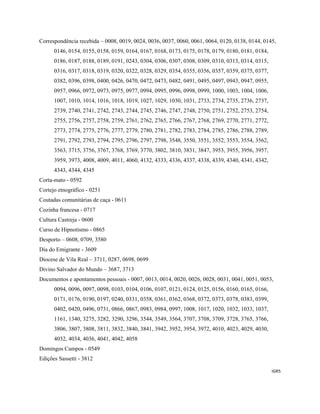 IGR5 
 
Correspondência recebida – 0008, 0019, 0024, 0036, 0037, 0060, 0061, 0064, 0120, 0138, 0144, 0145,
0146, 0154, 0155, 0158, 0159, 0164, 0167, 0168, 0173, 0175, 0178, 0179, 0180, 0181, 0184,
0186, 0187, 0188, 0189, 0191, 0243, 0304, 0306, 0307, 0308, 0309, 0310, 0313, 0314, 0315,
0316, 0317, 0318, 0319, 0320, 0322, 0328, 0329, 0354, 0355, 0356, 0357, 0359, 0375, 0377,
0382, 0396, 0398, 0400, 0426, 0470, 0472, 0473, 0482, 0491, 0495, 0497, 0943, 0947, 0955,
0957, 0966, 0972, 0973, 0975, 0977, 0994, 0995, 0996, 0998, 0999, 1000, 1003, 1004, 1006,
1007, 1010, 1014, 1016, 1018, 1019, 1027, 1029, 1030, 1031, 2733, 2734, 2735, 2736, 2737,
2739, 2740, 2741, 2742, 2743, 2744, 2745, 2746, 2747, 2748, 2750, 2751, 2752, 2753, 2754,
2755, 2756, 2757, 2758, 2759, 2761, 2762, 2765, 2766, 2767, 2768, 2769, 2770, 2771, 2772,
2773, 2774, 2775, 2776, 2777, 2779, 2780, 2781, 2782, 2783, 2784, 2785, 2786, 2788, 2789,
2791, 2792, 2793, 2794, 2795, 2796, 2797, 2798, 3548, 3550, 3551, 3552, 3553, 3554, 3562,
3563, 3715, 3756, 3767, 3768, 3769, 3770, 3802, 3810, 3831, 3847, 3953, 3955, 3956, 3957,
3959, 3973, 4008, 4009, 4011, 4060, 4132, 4333, 4336, 4337, 4338, 4339, 4340, 4341, 4342,
4343, 4344, 4345
Corta-mato - 0592
Cortejo etnográfico - 0251
Coutadas comunitárias de caça - 0611
Cozinha francesa - 0717
Cultura Castreja - 0600
Curso de Hipnotismo - 0865
Desporto – 0608, 0709, 3580
Dia do Emigrante - 3609
Diocese de Vila Real – 3711, 0287, 0698, 0699
Divino Salvador do Mundo – 3687, 3713
Documentos e apontamentos pessoais - 0007, 0013, 0014, 0020, 0026, 0028, 0031, 0041, 0051, 0053,
0094, 0096, 0097, 0098, 0103, 0104, 0106, 0107, 0121, 0124, 0125, 0156, 0160, 0165, 0166,
0171, 0176, 0190, 0197, 0240, 0331, 0358, 0361, 0362, 0368, 0372, 0373, 0378, 0383, 0399,
0402, 0420, 0496, 0731, 0866, 0867, 0983, 0984, 0997, 1008, 1017, 1020, 1032, 1033, 1037,
1161, 1340, 3275, 3282, 3290, 3296, 3544, 3549, 3564, 3707, 3708, 3709, 3728, 3765, 3766,
3806, 3807, 3808, 3811, 3832, 3840, 3841, 3942, 3952, 3954, 3972, 4010, 4023, 4029, 4030,
4032, 4034, 4036, 4041, 4042, 4058
Domingos Campos - 0549
Edições Sassetti - 3812
 