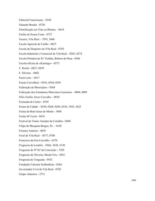 IGR6 
 
Editorial Franciscana – 0349
Eduardo Brasão - 0720
Eletrificação em Trás-os-Montes – 0634
Emília de Sousa Costa - 0727
Escariz, Vila Real – 3593, 3606
Escola Agrícola de Carlão - 0627
Escola de Desporto em Vila Real - 0705
Escola Industrial e Comercial de Vila Real – 0265, 0274
Escola Primária de St.ª Eulália, Ribeira de Pena - 0546
Escola-oficina de «Kartings» - 0575
F. Rocha - 0427, 0439
F. Silveira – 0802
Faria Leite – 0417
Fausto Carvalhais - 0542, 0544, 0545
Federação de Municípios - 0568
Federação dos Estudantes Marxistas-Leninistas – 0004, 0005
Félix Emílio Alves Carvalho – 0838
Fernanda de Castro - 0769
Festas da Cidade – 0250, 0268, 0269, 0336, 3583, 3625
Festas do Bom Jesus do Monte - 3604
Festas Stª Luzia - 0410
Festival de Teatro Amador de Coimbra - 0488
Filipe de Mesquita Borges, Pe. – 0105
Firmino António - 4039
Foral de Vila Real – 0577, 0700
Francisco da Eira Carvalho - 0370
Freguesia de Lordelo – 0566, 3638, 4130
Freguesia de Nª Srª da Conceição - 3705
Freguesia de Oliveira, Mesão Frio - 0561
Freguesia de Torgueda - 0552
Fundação Calouste Gulbenkian - 0264
Governador Civil de Vila Real - 0702
Grupo Adueiros - 2731
 