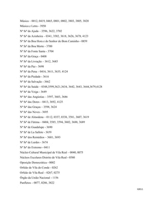 IGR11 
 
Música – 0012, 0419, 0465, 0801, 0802, 3803, 3805, 3820
Música e Letra - 3950
Nª Srª da Ajuda – 3596, 3622, 3702
Nª Srª da Azinheira – 0341, 3582, 3618, 3626, 3678, 4123
Nª Srª da Boa Hora e do Senhor do Bom Caminho - 0859
Nª Srª da Boa Morte - 3700
Nª Srª da Fonte Santa - 3704
Nª Srª da Graça - 0408
Nª Srª da Livração – 3612, 3685
Nª Srª da Paz - 3698
Nª Srª da Pena – 0416, 3611, 3635, 4124
Nª Srª da Piedade - 3616
Nª Srª da Salvação - 3662
Nª Srª da Saúde – 0348,3599,3621,3634, 3642, 3643, 3644,3679,4128
Nª Srª da Veiga - 3649
Nª Srª das Angústias – 3597, 3603, 3686
Nª Srª das Dores – 0413, 3692, 4125
Nª Srª das Graças – 3598, 3624
Nª Srª das Neves - 3695
Nª Srª de Almodena – 0112, 0337, 0338, 3581, 3607, 3619
Nª Srª de Fátima – 0404, 3585, 3594, 3602, 3688, 3689
Nª Srª de Guadalupe - 3690
Nª Srª de La Sallete - 3659
Nª Srª dos Remédios – 3601, 3693
Nª Srª de Lurdes - 3674
Nª Srª do Extremo - 0411
Núcleo Cultural Municipal de Vila Real – 0040, 0075
Núcleos Escolares Distrito de Vila Real - 0580
Oposição Democrática - 0002
Orfeão de Vila do Conde - 0262
Orfeão de Vila Real – 0267, 0275
Órgão da União Nacional - 1156
Panfletos – 0077, 0286, 3822
 