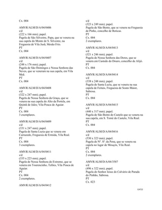 CAT22 
 
Cx. 004
AMVR/ALM/D/A/04/0406
s/d
(222 x 166 mm); papel.
Pagela de São Silvestre, Papa, que se venera na
sua capela do Monte de S. Silvestre, na
Freguesia de Vila Jusã, Mesão Frio.
PT
Cx. 004
AMVR/ALM/D/A/04/0407
s/d
(248 x 176 mm); papel.
Pagela de São Domingos e Nossa Senhora das
Neves, que se veneram na sua capela, em Vila
Meã.
PT
Cx. 004
AMVR/ALM/D/A/04/0408
s/d
(322 x 247 mm); papel.
Pagela de Nossa Senhora da Graça, que se
venera na sua capela do Alto da Portela, em
Quintã de Jales; Vila Pouca de Aguiar.
PT
Cx. 004
3 exemplares.
AMVR/ALM/D/A/04/0409
s/d
(331 x 247 mm); papel.
Pagela de Santa Luzia que se venera em
Carrazedo, Freguesia de Ermida, Vila Real.
PT
Cx. 004
3 exemplares.
AMVR/ALM/D/A/04/0411
s/d
(335 x 223 mm); papel.
Pagela de Nossa Senhora do Extremo, que se
venera em Tourencinho, Telões, Vila Pouca de
Aguiar.
PT
Cx. 004
2 exemplares.
AMVR/ALM/D/A/04/0412
s/d
(323 x 249 mm); papel.
Pagela de São Bento, que se venera na Freguesia
de Pinho, concelho de Boticas.
PT
Cx. 004
2 exemplares.
AMVR/ALM/D/A/04/0413
s/d
(321 x 246 mm); papel.
Pagela de Nossa Senhora das Dores, que se
venera em Castedo do Douro, concelho de Alijó.
PT
Cx. 004
AMVR/ALM/D/A/04/0414
s/d
(338 x 248 mm); papel.
Pagela de Santa Luzia, que se venera na sua
capela de Feitais, Freguesia de Souto Maior,
Sabrosa.
PT
Cx. 004
AMVR/ALM/D/A/04/0415
s/d
(440 x 317 mm); papel.
Pagela de São Bento do Castelo que se venera na
sua capela, em S. Tomé do Castelo, Vila Real.
PT
Cx. 004
AMVR/ALM/D/A/04/0416
s/d
(530 x 323 mm); papel.
Pagela de Nº. Sª. da Pena, que se venera na
capela no lugar de Mouçós, Vila Real.
PT
Cx. 004
2 exemplares.
AMVR/ALM/D/A/04/3587
s/d
(496 x 322 mm); papel.
Pagela do Senhor Jesus do Calvário de Parada
do Pinhão, Sabrosa.
PT
Cx. 023
 