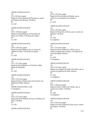 CAT23 
 
AMVR/ALM/D/A/04/3611
s/d
(19 x 443 mm); papel.
Pagela de Nossa Senhora da Pena que se venera
na Freguesia de Mouçós, Vila Real.
PT
Cx. 023
AMVR/ALM/D/A/04/3629
s/d
(322 x 220 mm); papel.
Pagela de Santa Bárbara, de Soutelinho de
Mesio, em Telões, Vila Pouca de Aguiar.
PT
Cx. 024
AMVR/ALM/D/A/04/3630
s/d
(250 x 180 mm); papel.
Pagela de Santa Bárbara, que se venera em
Alfarela de Jales, Vila Pouca de Aguiar.
PT
Cx. 024
AMVR/ALM/D/A/04/3631
s/d
(317 x 221 mm); papel.
Pagela de Santa Bárbara, na Cumieira, Santa
Marta de Penaguião.
PT
Cx. 024
AMVR/ALM/D/A/04/3632
s/d
(320 x 222 mm); papel.
Pagela de Nosso Senhor Jesus do Calvário, em
Parada do Pinhão, Sabrosa.
PT
AMVR/ALM/D/A/04/Cx. 024
6 exemplares.
AMVR/ALM/D/A/04/3633
s/d
(319 x 221 mm); papel.
Pagela de Nossa Senhora da Guia, em Ribeira de
Pena, Vila Real.
PT
Cx. 024
AMVR/ALM/D/A/04/3634
s/d
(339 x 222 mm); papel.
Pagela de Nossa Senhora da Saúde, que se
venera no seu santuário em Valpaços.
PT
Cx. 024
AMVR/ALM/D/A/04/3635
s/d
(338 x 220 mm); papel.
Pagela de Nossa Sra. da Pena, que se venera em
Mouçós, Vila Real.
PT
Cx. 024
8 exemplares.
AMVR/ALM/D/A/04/3636
s/d
(321 x 221 mm); papel.
Pagela de Nosso Senhor dos Aflitos, que se
venera no Monte dos Carrujos, na Freguesia de
Torre do Pinhão, Sabrosa.
PT
Cx. 024
3 exemplares.
AMVR/ALM/D/A/04/3637
s/d
(326 x 223 mm); papel.
Pagela com imagem do Senhor do Monte, que se
venera na Freguesia de Pinho, Boticas.
PT
Cx. 024
5 exemplares.
AMVR/ALM/D/A/04/3638
s/d
(247 x 160 mm); papel.
Pagela de Nosso Senhor dos Aflitos, que se
venera em Lordelo, Vila Real.
PT
Cx. 024
2 exemplares.
AMVR/ALM/D/A/04/3639
s/d
(323 x 247 mm); papel.
Pagela de Nossa Senhora da Guia, que se venera
em Abaças, Vila Real.
PT
 