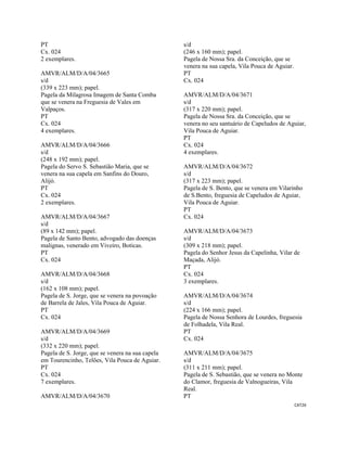 CAT26 
 
PT
Cx. 024
2 exemplares.
AMVR/ALM/D/A/04/3665
s/d
(339 x 223 mm); papel.
Pagela da Milagrosa Imagem de Santa Comba
que se venera na Freguesia de Vales em
Valpaços.
PT
Cx. 024
4 exemplares.
AMVR/ALM/D/A/04/3666
s/d
(248 x 192 mm); papel.
Pagela do Servo S. Sebastião Maria, que se
venera na sua capela em Sanfins do Douro,
Alijó.
PT
Cx. 024
2 exemplares.
AMVR/ALM/D/A/04/3667
s/d
(89 x 142 mm); papel.
Pagela de Santo Bento, advogado das doenças
malignas, venerado em Viveiro, Boticas.
PT
Cx. 024
AMVR/ALM/D/A/04/3668
s/d
(162 x 108 mm); papel.
Pagela de S. Jorge, que se venera na povoação
de Barrela de Jales, Vila Pouca de Aguiar.
PT
Cx. 024
AMVR/ALM/D/A/04/3669
s/d
(332 x 220 mm); papel.
Pagela de S. Jorge, que se venera na sua capela
em Tourencinho, Telões, Vila Pouca de Aguiar.
PT
Cx. 024
7 exemplares.
AMVR/ALM/D/A/04/3670
s/d
(246 x 160 mm); papel.
Pagela de Nossa Sra. da Conceição, que se
venera na sua capela, Vila Pouca de Aguiar.
PT
Cx. 024
AMVR/ALM/D/A/04/3671
s/d
(317 x 220 mm); papel.
Pagela de Nossa Sra. da Conceição, que se
venera no seu santuário de Capeludos de Aguiar,
Vila Pouca de Aguiar.
PT
Cx. 024
4 exemplares.
AMVR/ALM/D/A/04/3672
s/d
(317 x 223 mm); papel.
Pagela de S. Bento, que se venera em Vilarinho
de S.Bento, freguesia de Capeludos de Aguiar,
Vila Pouca de Aguiar.
PT
Cx. 024
AMVR/ALM/D/A/04/3673
s/d
(309 x 218 mm); papel.
Pagela do Senhor Jesus da Capelinha, Vilar de
Maçada, Alijó.
PT
Cx. 024
3 exemplares.
AMVR/ALM/D/A/04/3674
s/d
(224 x 166 mm); papel.
Pagela de Nossa Senhora de Lourdes, freguesia
de Folhadela, Vila Real.
PT
Cx. 024
AMVR/ALM/D/A/04/3675
s/d
(311 x 211 mm); papel.
Pagela de S. Sebastião, que se venera no Monte
do Clamor, freguesia de Valnogueiras, Vila
Real.
PT
 
