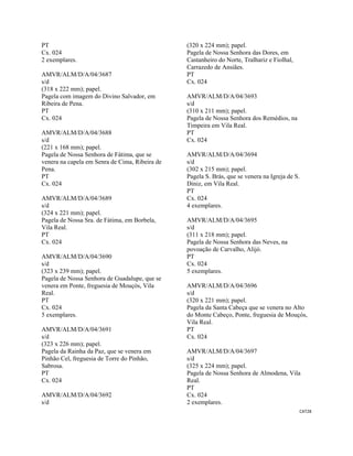CAT28 
 
PT
Cx. 024
2 exemplares.
AMVR/ALM/D/A/04/3687
s/d
(318 x 222 mm); papel.
Pagela com imagem do Divino Salvador, em
Ribeira de Pena.
PT
Cx. 024
AMVR/ALM/D/A/04/3688
s/d
(221 x 168 mm); papel.
Pagela de Nossa Senhora de Fátima, que se
venera na capela em Senra de Cima, Ribeira de
Pena.
PT
Cx. 024
AMVR/ALM/D/A/04/3689
s/d
(324 x 221 mm); papel.
Pagela de Nossa Sra. de Fátima, em Borbela,
Vila Real.
PT
Cx. 024
AMVR/ALM/D/A/04/3690
s/d
(323 x 239 mm); papel.
Pagela de Nossa Senhora de Guadalupe, que se
venera em Ponte, freguesia de Mouçós, Vila
Real.
PT
Cx. 024
5 exemplares.
AMVR/ALM/D/A/04/3691
s/d
(323 x 226 mm); papel.
Pagela da Rainha da Paz, que se venera em
Pinhão Cel, freguesia de Torre do Pinhão,
Sabrosa.
PT
Cx. 024
AMVR/ALM/D/A/04/3692
s/d
(320 x 224 mm); papel.
Pagela de Nossa Senhora das Dores, em
Castanheiro do Norte, Tralhariz e Fiolhal,
Carrazedo de Ansiães.
PT
Cx. 024
AMVR/ALM/D/A/04/3693
s/d
(310 x 211 mm); papel.
Pagela de Nossa Senhora dos Remédios, na
Timpeira em Vila Real.
PT
Cx. 024
AMVR/ALM/D/A/04/3694
s/d
(302 x 215 mm); papel.
Pagela S. Brás, que se venera na Igreja de S.
Diniz, em Vila Real.
PT
Cx. 024
4 exemplares.
AMVR/ALM/D/A/04/3695
s/d
(311 x 218 mm); papel.
Pagela de Nossa Senhora das Neves, na
povoação de Carvalho, Alijó.
PT
Cx. 024
5 exemplares.
AMVR/ALM/D/A/04/3696
s/d
(320 x 221 mm); papel.
Pagela da Santa Cabeça que se venera no Alto
do Monte Cabeço, Ponte, freguesia de Mouçós,
Vila Real.
PT
Cx. 024
AMVR/ALM/D/A/04/3697
s/d
(325 x 224 mm); papel.
Pagela de Nossa Senhora de Almodena, Vila
Real.
PT
Cx. 024
2 exemplares.
 