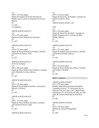 CAT30 
 
s/d
(390 x 318 mm); papel.
Pagela da imagem do Divino Salvador do
Mundo, que se venera no Santuário de Viveiro,
Boticas.
PT
Cx. 024
2 exemplares.
AMVR/ALM/D/A/04/4121
s/d
(367 x 252 mm); papel.
Pagela de Nossa Senhora da Conceição..
PT
Cx. 027
AMVR/ALM/D/A/04/4122
s/d
(383 x 272 mm); papel.
Pagela de Nossa Senhora da Piedade, venerada
em Sanfins do Douro, Alijó.
PT
Cx. 027
AMVR/ALM/D/A/04/4123
Nª Srª da Azinheira
s/d
(385 x 246 mm); papel.
Pagela de Nossa Senhora da Azinheira, venerada
em S. Martinho de Anta, Sabrosa.
PT
Cx. 027
AMVR/ALM/D/A/04/4124
s/d
(495 x 323 mm); papel.
Pagela de Nossa Senhora da Pena, venerada em
Mouçós, Vila Real.
PT
Cx. 027
AMVR/ALM/D/A/04/4125
s/d
(436 x 311 mm); papel.
Pagela de Nossa Senhora das Dores, venerada
em Castedo do Douro, Alijó.
PT
Cx. 027
AMVR/ALM/D/A/04/4127
s/d
(435 x 314 mm); papel.
Pagela de Nossa Sra. da Piedade, venerada em
Sanfins do Douro, Alijó
PT
AMVR/ALM/D/A/04/Cx. 027
4128
s/d
(495 x 320 mm); papel.
Pagela de Nossa Sra. da Saúde, venerada em
Saudel, Freguesia de S. Lourenço de Riba
Pinhão, Sabrosa.
PT
Cx. 027
AMVR/ALM/D/A/04/4129
s/d
(481 x 323 mm); papel.
Pagela do Senhor Jesus do Calvário, venerada
em Parada do Pinhão, Sabrosa.
PT
Cx. 027
AMVR/ALM/D/A/04/4130
s/d
(495 x 324 mm); papel.
Pagela de Nosso Senhor dos Aflitos, venerada
em Lordelo, Vila Real.
PT
Cx. 027
SR/05 – Panfletos
AMVR/ALM/D/A/05/0077
(213 x 150 mm); papel.
Panfleto publicitário da mostra de filatelia:
"caminhos de ferro", 75º aniversário da via-
férrea do Vale do Corgo e da 1.ª Mala Postal,
realizada de 10 a 15 de maio de 1981, no salão
nobre da Câmara Municipal de Vila Real.
PT
Cx. 001
AMVR/ALM/D/A/05/0236
s/d
(210 x 148 mm); papel.
Panfleto do cortejo do Regadinho.
PT
Cx. 002
 