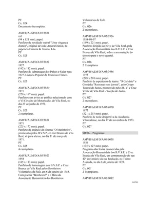 CAT33 
 
PT
Cx. 024
Documento incompleto.
AMVR/ALM/D/A/05/3821
s/d
(94 x 121 mm); papel.
Panfleto de novidade teatral "Uma vingança
d'amor", original de João Amaral Júnior, da
papelaria Ferreira & Franco, Lda.
PT
Cx. 025
AMVR/ALM/D/A/05/3822
1927
(162 x 112 mm); papel.
Panfleto do Almanaque dos Palcos e Salas para
1927, Livraria Popular de Francisco Franco.
PT
Cx. 025
AMVR/ALM/D/A/05/3850
1971
(220 x 167 mm); papel.
Panfleto com aviso ao público relacionado com
o VI Circuito de Motorizadas de Vila Real, no
dia 27 de junho de 1971.
PT
Cx. 025
2 exemplares.
AMVR/ALM/D/A/05/3851
1971
(225 x 172 mm); papel.
Panfleto de anúncio de cinema "O Marinheiro",
promovido pelos B.V.S.P. e Cruz Branca de Vila
Real, só para sócios, no dia 31 de março de
1971.
PT
Cx. 025
4 exemplares.
AMVR/ALM/D/A/05/3923
1958
(165 x 113 mm); papel.
Panfleto de homenagem aos B.V.S.P. e Cruz
Branca de Vila Real pelos Bombeiros
Voluntários de Fafe, em 6 de janeiro de 1958.
Com poema "Bombeiro!" e o Hino da
Associação Humanitária dos Bombeiros
Voluntários de Fafe.
PT
Cx. 026
2 exemplares.
AMVR/ALM/D/A/05/3926
1958-08-07
(169 x 221 mm); papel.
Panfleto dirigido ao povo de Vila Real, pela
Associação Humanitária dos B.V.S.P. e Cruz
Branca de Vila Real, sobre a arrematação do
terreno para o novo quartel.
PT
Cx. 026
2 Exemplares
AMVR/ALM/D/A/05/3986
1975
(298 x 210 mm); papel.
Panfleto de espetáculo de teatro: "O Calvário" e
Comédia "Ressonar sem dormir", pelo Grupo
Teatral de Justes, promovido pelos B. V. e Cruz
Verde de Vila Real - Secção de Justes.
PT
Cx. 027
2 exemplares.
AMVR/ALM/D/A/05/4070
1973
(321 x 215 mm); papel.
Panfleto de noite desportiva da Academia
Vilarealense, no dia 17 de novembro de 1973.
PT
Cx. 027
SR/06 – Programas
AMVR/ALM/D/A/06/0058
1939
(175 x 127 mm); papel.
Programa das festas promovidas pela
Associação Humanitária dos B.V.S.P. e Cruz
Branca de Vila Real, em comemoração do seu
42º aniversário da sua fundação, no Teatro
Avenida, no dia 6 de janeiro de 1939.
PT
Cx. 001
2 Exemplares.
AMVR/ALM/D/A/06/0082
 