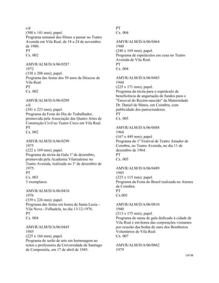 CAT38 
 
s/d
(300 x 141 mm); papel.
Programa semanal dos filmes a passar no Teatro
Avenida em Vila Real, de 18 a 24 de novembro
de 1980.
PT
Cx. 002
AMVR/ALM/D/A/06/0287
1972
(338 x 208 mm); papel.
Programa das festas dos 50 anos da Diocese de
Vila Real.
PT
Cx. 002
AMVR/ALM/D/A/06/0289
s/d
(341 x 223 mm); papel.
Programa da Festa do Dia do Trabalhador,
promovida pela Associação das Quatro Artes de
Construção Civil no Teatro Circo em Vila Real.
PT
Cx. 002
AMVR/ALM/D/A/06/0299
1975
(222 x 169 mm); papel.
Programa da récita da Gala 1º de dezembro,
promovida pela Academia Vilarealense no
Teatro Avenida, realizada no 1º de dezembro de
1975.
PT
Cx. 003
3 exemplares.
AMVR/ALM/D/A/06/0410
1976
(339 x 226 mm); papel.
Programa das festas em honra de Santa Luzia -
Vila Nova - Folhadela, no dia 13-12-1976.
PT
Cx. 004
AMVR/ALM/D/A/06/0445
1945
(225 x 166 mm); papel.
Programa do serão de arte em homenagem ao
reitor e professores da Universidade de Santiago
de Compostela, em 17 de abril de 1945.
PT
Cx. 004
AMVR/ALM/D/A/06/0464
1940
(240 x 169 mm); papel.
Programa de espetáculos em cena no Teatro
Avenida de Vila Real.
PT
Cx. 004
AMVR/ALM/D/A/06/0485
1944
(225 x 171 mm); papel.
Programa da récita para o espetáculo de
beneficência de angariação de fundos para o
"Enxoval do Recém-nascido" da Maternidade
Dr. Daniel de Matos, em Coimbra, com
publicidade dos patrocinadores.
PT
Cx. 005
AMVR/ALM/D/A/06/0488
1964
(167 x 449 mm); papel.
Programa do 1º Festival de Teatro Amador de
Coimbra, no Teatro Avenida, no dia 11 de
dezembro de 1964.
PT
Cx. 005
AMVR/ALM/D/A/06/0489
1945
(225 x 115 mm); papel.
Programa da Festa do Brasil realizada no Ateneu
de Coimbra.
PT
Cx.005
AMVR/ALM/D/A/06/0810
1940
(213 x 175 mm); papel.
Programa de sarau de gala dedicado à cidade de
Vila Real e em honra das corporações visitantes
por ocasião das bodas de ouro dos Bombeiros
Voluntários de Vila Real.
Cx. 007
AMVR/ALM/D/A/06/0862
1979
 