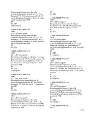 CAT44 
 
Programa das festas promovidas pela
Associação Humanitária dos B.V.S.P. e Cruz
Branca de Vila Real nas comemorações do 66º
aniversário da sua fundação no Teatro Avenida,
no dia 6 de janeiro de 1963.
PT
Cx. 027
12 exemplares.
AMVR/ALM/D/A/06/3943
1948
(226 x 170 mm); papel.
Programa das festas promovidas pela
Associação Humanitária dos B.V.S.P. e Cruz
Branca de Vila Real nas comemorações do 51º
aniversário da sua fundação no Teatro Avenida,
no dia 6 de janeiro de 1948.
PT
Cx. 026
AMVR/ALM/D/A/06/3944
1954
(221 x 165 mm); papel.
Programa das festas promovida pela Associação
Humanitária dos B.V.S.P. e Cruz Branca de Vila
Real nas comemorações do 57º aniversário da
sua fundação no Teatro Avenida, no dia 6 de
janeiro de 1954.
PT
Cx. 026
2 exemplares.
AMVR/ALM/D/A/06/3946
1947
(113 x 162 mm); papel.
Programa e convite para as festas do 50º
aniversário da fundação dos B.V.S.P. e Cruz
Branca de Vila Real, nos dias 4, 5 e 6 de janeiro
de 1947.
PT
Cx. 026
AMVR/ALM/D/A/06/3949
1964
(221 x 167 mm); papel.
Programa das festas promovidas pela
Associação Humanitária dos B.V.S.P. e Cruz
Branca de Vila Real, nas comemorações do 68º
Aniversário da fundação, no Teatro Avenida a 6
de janeiro de 1965.
PT
Cx. 026
AMVR/ALM/D/A/06/3987
1972
(301 x 221 mm); papel.
Programa das comemorações do "Dia do
Bombeiro", pelos B.V.S.P. e Cruz Branca de
Vila Real, no dia 20 de agosto de 1972.
PT
Cx. 027
AMVR/ALM/D/A/06/3988
1974
(223 x 170 mm); papel.
Programa das festas promovidas pela
Associação Humanitária dos B.V.S.P. e Cruz
Branca de Vila Real, nas comemorações 77º
aniversário da sua fundação, em 06 de janeiro de
1974.
PT
Cx. 027
5 exemplares.
AMVR/ALM/D/A/06/3989
1975
(224 x 171 mm); papel.
Programa das festas promovidas pela
Associação Humanitária dos B.V.S.P. e Cruz
Branca de Vila Real, nas comemorações do 78º
aniversário da sua fundação, de 5 a 12 de janeiro
de 1975.
PT
Cx. 027
6 exemplares.
AMVR/ALM/D/A/06/3990
1972
(223 x 157 mm); papel.
Programa das festas promovidas pela
Associação Humanitária dos B.V.S.P. e Cruz
Branca de Vila Real, para comemoração das
Bodas de Diamante da sua fundação em 08 de
janeiro de 1972.
PT
Cx. 027
17 exemplares
AMVR/ALM/D/A/06/3992
1977
 