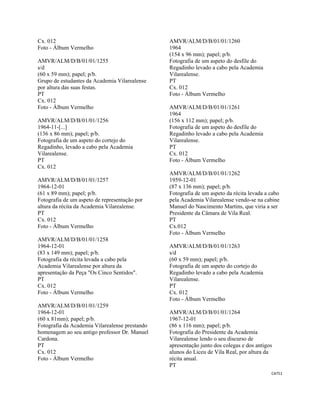CAT51 
 
Cx. 012
Foto - Álbum Vermelho
AMVR/ALM/D/B/01/01/1255
s/d
(60 x 59 mm); papel; p/b.
Grupo de estudantes da Academia Vilarealense
por altura das suas festas.
PT
Cx. 012
Foto - Álbum Vermelho
AMVR/ALM/D/B/01/01/1256
1964-11-[...]
(136 x 86 mm); papel; p/b.
Fotografia de um aspeto do cortejo do
Regadinho, levado a cabo pela Academia
Vilarealense.
PT
Cx. 012
AMVR/ALM/D/B/01/01/1257
1964-12-01
(61 x 89 mm); papel; p/b.
Fotografia de um aspeto de representação por
altura da récita da Academia Vilarealense.
PT
Cx. 012
Foto - Álbum Vermelho
AMVR/ALM/D/B/01/01/1258
1964-12-01
(83 x 149 mm); papel; p/b.
Fotografia da récita levada a cabo pela
Academia Vilarealense por altura da
apresentação da Peça "Os Cinco Sentidos".
PT
Cx. 012
Foto - Álbum Vermelho
AMVR/ALM/D/B/01/01/1259
1964-12-01
(60 x 81mm); papel; p/b.
Fotografia da Academia Vilarealense prestando
homenagem ao seu antigo professor Dr. Manuel
Cardona.
PT
Cx. 012
Foto - Álbum Vermelho
AMVR/ALM/D/B/01/01/1260
1964
(154 x 96 mm); papel; p/b.
Fotografia de um aspeto do desfile do
Regadinho levado a cabo pela Academia
Vilarealense.
PT
Cx. 012
Foto - Álbum Vermelho
AMVR/ALM/D/B/01/01/1261
1964
(156 x 112 mm); papel; p/b.
Fotografia de um aspeto do desfile do
Regadinho levado a cabo pela Academia
Vilarealense.
PT
Cx. 012
Foto - Álbum Vermelho
AMVR/ALM/D/B/01/01/1262
1959-12-01
(87 x 136 mm); papel; p/b.
Fotografia de um aspeto da récita levada a cabo
pela Academia Vilarealense vendo-se na cabine
Manuel do Nascimento Martins, que viria a ser
Presidente da Câmara de Vila Real.
PT
Cx.012
Foto - Álbum Vermelho
AMVR/ALM/D/B/01/01/1263
s/d
(60 x 59 mm); papel; p/b.
Fotografia de um aspeto do cortejo do
Regadinho levado a cabo pela Academia
Vilarealense.
PT
Cx. 012
Foto - Álbum Vermelho
AMVR/ALM/D/B/01/01/1264
1967-12-01
(86 x 116 mm); papel; p/b.
Fotografia do Presidente da Academia
Vilarealense lendo o seu discurso de
apresentação junto dos colegas e dos antigos
alunos do Liceu de Vila Real, por altura da
récita anual.
PT
 