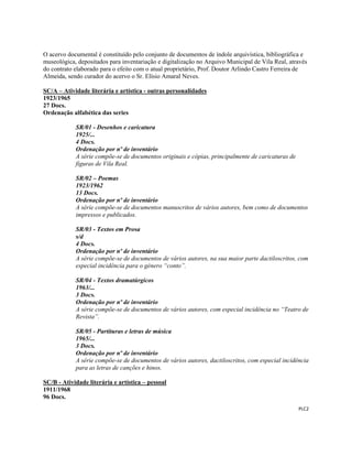  
 
PLC2 
 
O acervo documental é constituído pelo conjunto de documentos de índole arquivística, bibliográfica e
museológica, depositados para inventariação e digitalização no Arquivo Municipal de Vila Real, através
do contrato elaborado para o efeito com o atual proprietário, Prof. Doutor Arlindo Castro Ferreira de
Almeida, sendo curador do acervo o Sr. Elísio Amaral Neves.
SC/A – Atividade literária e artística - outras personalidades
1923/1965
27 Docs.
Ordenação alfabética das series
SR/01 - Desenhos e caricatura
1925/...
4 Docs.
Ordenação por nº de inventário
A série compõe-se de documentos originais e cópias, principalmente de caricaturas de
figuras de Vila Real.
SR/02 – Poemas
1923/1962
13 Docs.
Ordenação por nº de inventário
A série compõe-se de documentos manuscritos de vários autores, bem como de documentos
impressos e publicados.
SR/03 - Textos em Prosa
s/d
4 Docs.
Ordenação por nº de inventário
A série compõe-se de documentos de vários autores, na sua maior parte dactiloscritos, com
especial incidência para o género “conto”.
SR/04 - Textos dramatúrgicos
1963/...
3 Docs.
Ordenação por nº de inventário
A série compõe-se de documentos de vários autores, com especial incidência no “Teatro de
Revista”.
SR/05 - Partituras e letras de música
1965/...
3 Docs.
Ordenação por nº de inventário
A série compõe-se de documentos de vários autores, dactiloscritos, com especial incidência
para as letras de canções e hinos.
SC/B - Atividade literária e artística – pessoal
1911/1968
96 Docs.
 