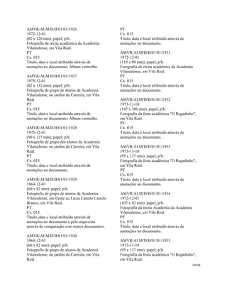 CAT58 
 
AMVR/ALM/D/B/01/01/1926
1972-12-01
(82 x 120 mm); papel; p/b.
Fotografia da récita académica da Academia
Vilarealense, em Vila Real.
PT
Cx. 015
Título, data e local atribuído através de
anotações no documento; Álbum vermelho.
AMVR/ALM/D/B/01/01/1927
1975-12-01
(82 x 132 mm); papel; p/b.
Fotografia de grupo de alunos da Academia
Vilarealense, no jardim da Carreira, em Vila
Real.
PT
Cx. 015
Título, data e local atribuído através de
anotações no documento; Álbum vermelho.
AMVR/ALM/D/B/01/01/1928
1975-12-01
(90 x 127 mm); papel; p/b.
Fotografia de grupo dos alunos da Academia
Vilarealense, no jardim da Carreira, em Vila
Real.
PT
Cx. 015
Título, data e local atribuído através de
anotações no documento.
AMVR/ALM/D/B/01/01/1929
1964-12-01
(60 x 82 mm); papel; p/b.
Fotografia de grupo de alunos da Academia
Vilarealense, em frente ao Liceu Camilo Castelo
Branco, em Vila Real.
PT
Cx. 015
Título, data e local atribuído através de
anotações no documento e pelo arquivista
através de comparação com outros documentos.
AMVR/ALM/D/B/01/01/1930
1964-12-01
(60 x 82 mm); papel; p/b.
Fotografia de grupo de alunos da Academia
Vilarealense, no jardim da Carreira, em Vila
Real.
PT
Cx. 015
Título, data e local atribuído através de
anotações no documento.
AMVR/ALM/D/B/01/01/1931
1972-12-01
(119 x 80 mm); papel; p/b.
Fotografia de récita académica da Academia
Vilarealense, em Vila Real.
PT
Cx. 015
Título, data e local atribuído através de
anotações no documento.
AMVR/ALM/D/B/01/01/1932
1973-11-10
(147 x 106 mm); papel; p/b.
Fotografia da festa académica "O Regadinho",
em Vila Real.
PT
Cx. 015
Título, data e local atribuído através de
anotações no documento.
AMVR/ALM/D/B/01/01/1933
1973-11-10
(95 x 137 mm); papel; p/b.
Fotografia da festa académica "O Regadinho",
em Vila Real.
PT
Cx. 015
Título, data e local atribuído através de
anotações no documento.
AMVR/ALM/D/B/01/01/1934
1972-12-01
(107 x 82 mm); papel; p/b.
Fotografia da récita Académia da Academia
Vilarealense, em Vila Real.
PT
Cx. 015
Título, data e local atribuído através de
anotações no documento.
AMVR/ALM/D/B/01/01/1935
1973-11-10
(95 x 137 mm); papel; p/b.
Fotografia da festa académica "O Regadinho",
em Vila Real.
 