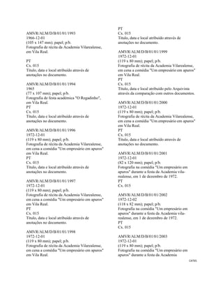 CAT65 
 
AMVR/ALM/D/B/01/01/1993
1966-12-01
(105 x 147 mm); papel; p/b.
Fotografia de récita da Academia Vilarealense,
em Vila Real.
PT
Cx. 015
Título, data e local atribuído através de
anotações no documento.
AMVR/ALM/D/B/01/01/1994
1965
(77 x 107 mm); papel; p/b.
Fotografia de festa académica "O Regadinho",
em Vila Real.
PT
Cx. 015
Título, data e local atribuído através de
anotações no documento.
AMVR/ALM/D/B/01/01/1996
1972-12-01
(119 x 80 mm); papel; p/b.
Fotografia de récita da Academia Vilarealense,
em cena a comédia "Um empresário em apuros"
em Vila Real.
PT
Cx. 015
Título, data e local atribuído através de
anotações no documento.
AMVR/ALM/D/B/01/01/1997
1972-12-01
(119 x 80 mm); papel; p/b.
Fotografia de récita da Academia Vilarealense,
em cena a comédia "Um empresário em apuros"
em Vila Real.
PT
Cx. 015
Título, data e local atribuído através de
anotações no documento.
AMVR/ALM/D/B/01/01/1998
1972-12-01
(119 x 80 mm); papel; p/b.
Fotografia de récita da Academia Vilarealense,
em cena a comédia "Um empresário em apuros"
em Vila Real.
PT
Cx. 015
Título, data e local atribuído através de
anotações no documento.
AMVR/ALM/D/B/01/01/1999
1972-12-01
(119 x 80 mm); papel; p/b.
Fotografia de récita da Academia Vilarealense,
em cena a comédia "Um empresário em apuros"
em Vila Real.
PT
Cx. 015
Título, data e local atribuído pelo Arquivista
através da comparação com outros documentos.
AMVR/ALM/D/B/01/01/2000
1972-12-01
(119 x 80 mm); papel; p/b.
Fotografia de récita da Academia Vilarealense,
em cena a comédia "Um empresário em apuros"
em Vila Real.
PT
Cx. 015
Título, data e local atribuído através de
anotações no documento.
AMVR/ALM/D/B/01/01/2001
1972-12-01
(82 x 120 mm); papel; p/b.
Fotografia na comédia "Um empresário em
apuros" durante a festa da Academia vila-
realense, em 1 de dezembro de 1972.
PT
Cx. 015
AMVR/ALM/D/B/01/01/2002
1972-12-02
(118 x 82 mm); papel; p/b.
Fotografia na comédia "Um empresário em
apuros" durante a festa da Academia vila-
realense, em 1 de dezembro de 1972.
PT
Cx. 015
AMVR/ALM/D/B/01/01/2003
1972-12-01
(119 x 80 mm); papel; p/b.
Fotografia na comédia "Um empresário em
apuros" durante a festa da Academia
 