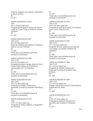 CAT67 
 
Grupo de estudantes da Academia Vilarealense
no dia da sua festa.
PT
Cx. 017
AMVR/ALM/D/B/01/01/2610
1933
(85 x 133 mm); papel; p/b.
Fotografia de um grupo de alunos que fizeram
exame do 2º grau Turma A, Jardim da Carreira;
Vila Real.
PT
Cx. 018
AMVR/ALM/D/B/01/01/2857
1967-12-01
(60 x 89 mm); papel; p/b.
Grupo de estudantes da Academia Vilarealense
junto ao Liceu de Vila Real.
PT
Cx. 020
Título, data e local atribuído através de
anotações no documento.
AMVR/ALM/D/B/01/01/2902
1967-12-01
(54 x 61 mm); papel; p/b.
Fotografia de catuais e antigos alunos do Liceu
Camilo Castelo Branco de Vila Real nas
comemorações do 1º de dezembro.
PT
Cx. 020
Título, data e local atribuído através de
anotações no documento.
AMVR/ALM/D/B/01/01/2911
1967-12-01
(69 x 62 mm); papel; p/b.
Fotografia na comédia "Diabruras de
Namorado" na récita da Academia Vilarealense.
PT
Cx. 020
Título, data e local atribuído através de
anotações no documento.
AMVR/ALM/D/B/01/01/2934
1954
(155 x 112 mm); papel; p/b.
Fotografia do cortejo académico o "Regadinho"
em Vila Real.
PT
Cx. 020
Título, data e local atribuído através de
anotações no documento.
AMVR/ALM/D/B/01/01/2976
1961-12-01
(100 x 143 mm); papel; p/b.
Fotografia de récita da Academia Vila-realense
com a revista "Prata da Casa".
PT
Cx. 020
Título, data e local atribuído através de
anotações no documento.
AMVR/ALM/D/B/01/01/2989
1967-12-01
(79 x 122 mm); papel; p/b.
Fotografia de récita académica da Academia
vila-realense, na comédia "Diabruras de
namorado".
PT
Cx. 020
Título, data e local atribuído através de
anotações no documento.
AMVR/ALM/D/B/01/01/3056
1967-12-01
(88 x 63 mm); papel; p/b.
Fotografia da comédia "Diabruras de
Namorado" na récita da Academia Vila-
Realense.
PT
Cx. 020
AMVR/ALM/D/B/01/01/3058
1967-12-01
(57 x 62 mm); papel; p/b.
O grupo coral do Liceu Camilo Castelo Branco,
dirigido pelo Pe. Matos.
PT
Cx. 020
AMVR/ALM/D/B/01/01/3111
s/d
(128 x 175 mm); papel; cor.
Fotografia do espetáculo de teatro no 1º
dezembro, pela Academia Vilarealense.
PT
Cx. 021
 