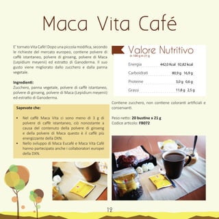 14
E’ tornato Vita Cafè! Dopo una piccola modifica, secondo
le richieste del mercato europeo, contiene polvere di
caffè istantaneo, polvere di ginseng, polvere di Maca
(Lepidium meyenii) ed estratto di Ganoderma. Il suo
gusto viene migliorato dallo zucchero e dalla panna
vegetale.
Ingredienti:
Zucchero, panna vegetale, polvere di caffè istantaneo,
polvere di ginseng, polvere di Maca (Lepidium meyenii)
ed estratto di Ganoderma.
Sapevate che:
•	 Nel caffè Maca Vita ci sono meno di 3 g di
polvere di caffè istantaneo, ciò nonostante a
causa del contenuto della polvere di ginseng
e della polvere di Maca questo è il caffè più
energizzante della DXN.
•	 Nello sviluppo di Maca Eucafé e Maca Vita Café
hanno partecipato anche i collaboratori europei
della DXN.
Contiene zucchero, non contiene coloranti artificiali e
conservanti.
Peso netto: 20 bustine x 21 g
Codice articolo: FB072
Maca Vita Café
Energia
Carboidrati
Proteine
Grassi
Valore Nutritivoin 100 g in 21 g
442,0 Kcal 92,82 kcal
80,9 g 16,9 g
3,0 g 0,6 g
11,8 g 2,5 g
12
 